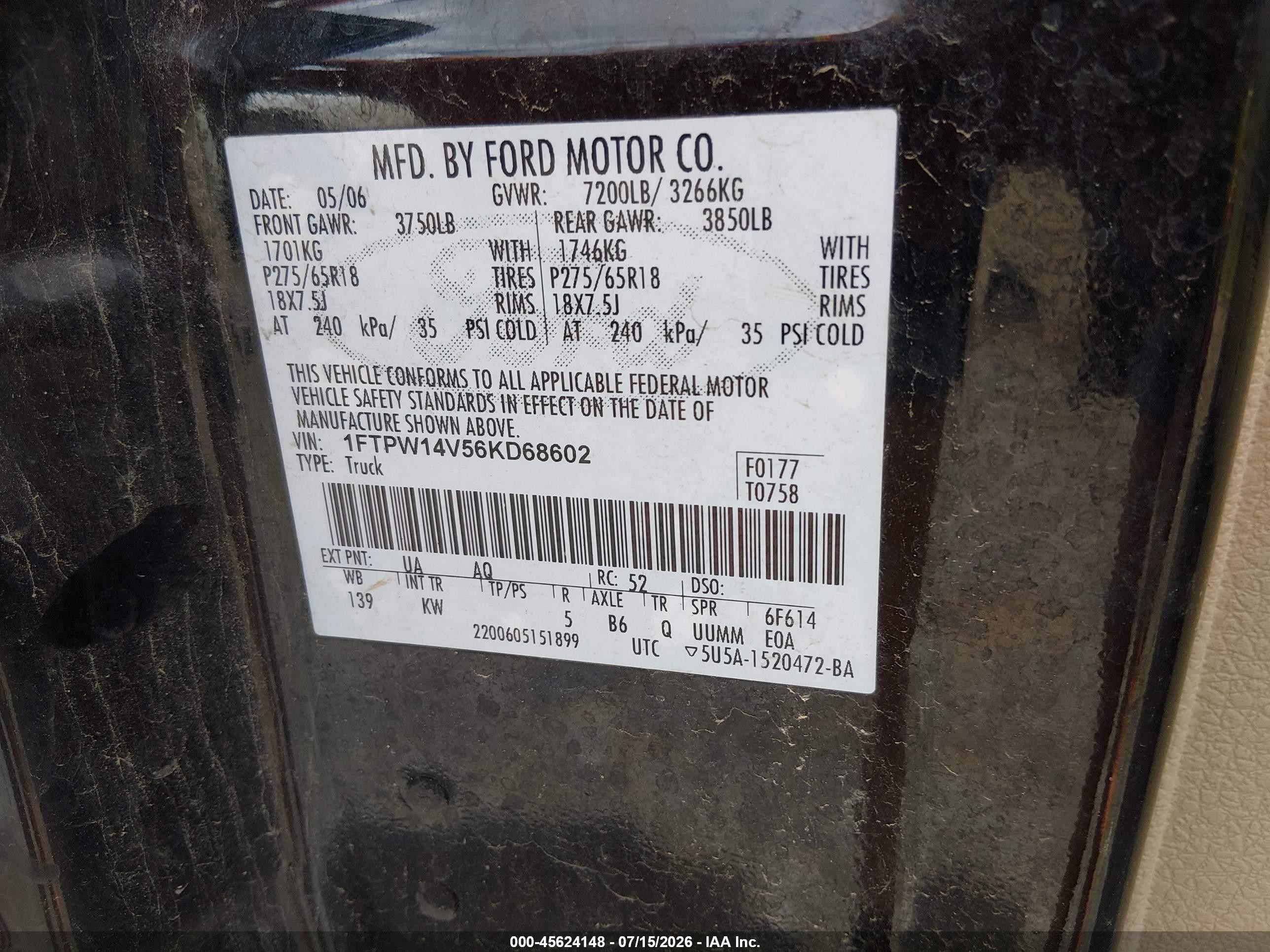 2006 Ford F-150 Fx4/lariat/xlt Black vin: 1FTPW14V56KD68602