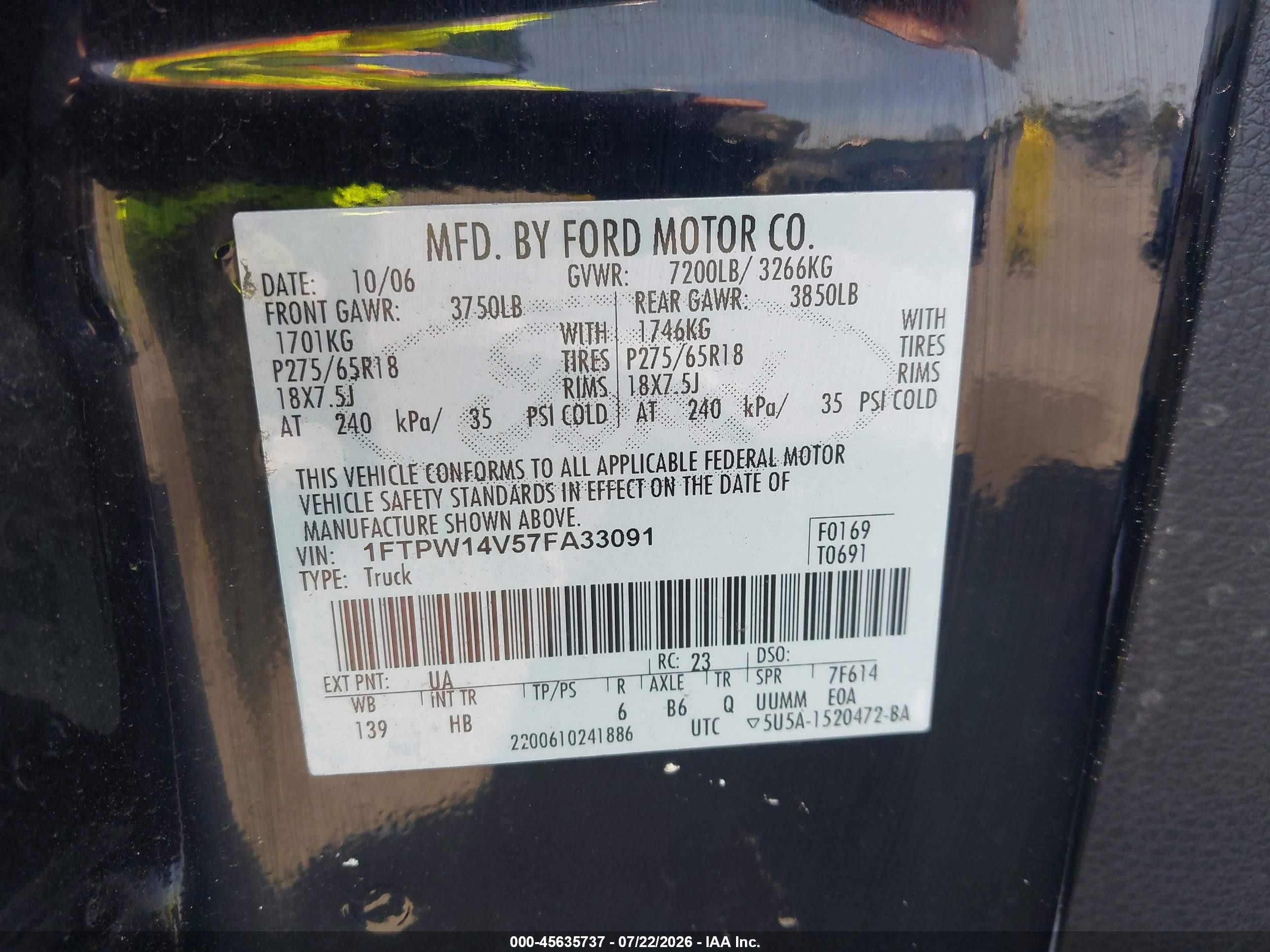 2007 Ford F-150 Fx4/lariat/xlt Black vin: 1FTPW14V57FA33091