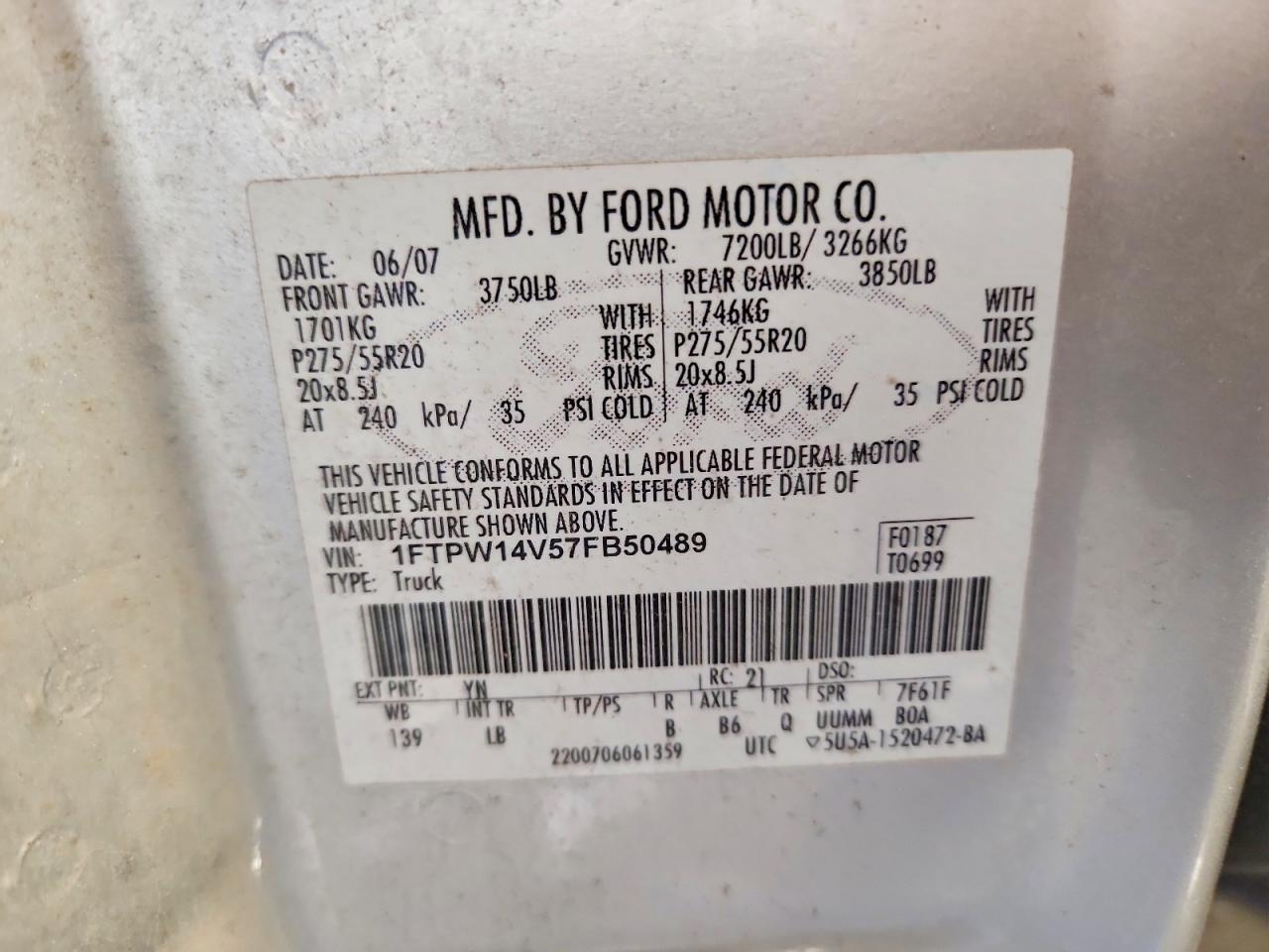 2007 Ford F150 Supercrew Silver vin: 1FTPW14V57FB50489