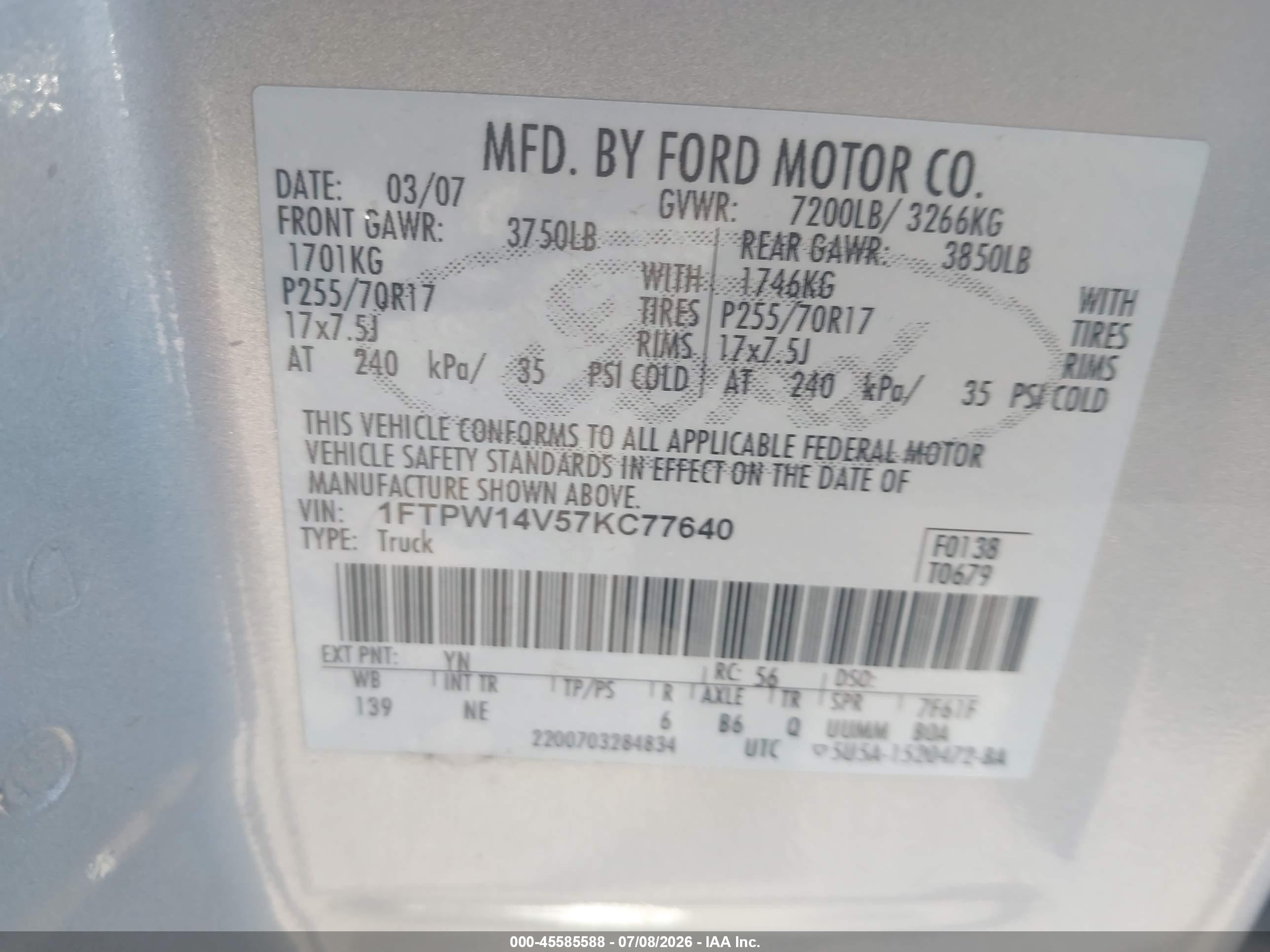 2007 Ford F-150 Fx4/lariat/xlt Silver vin: 1FTPW14V57KC77640