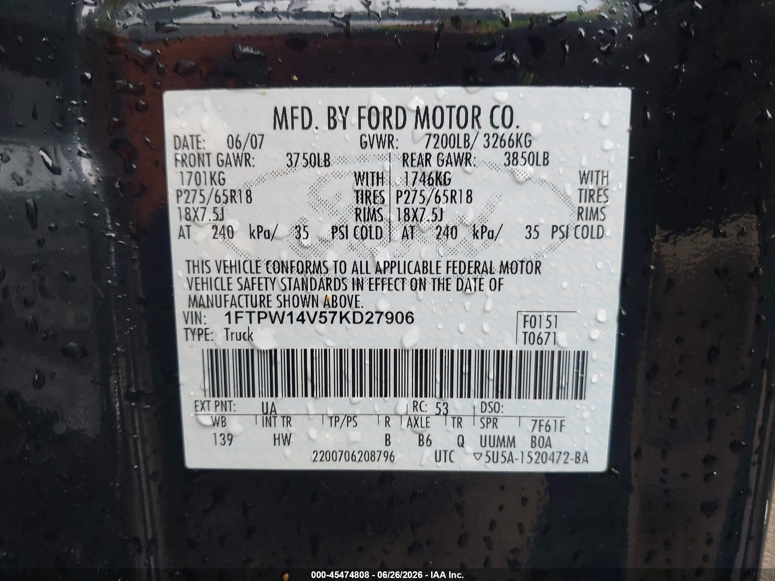 2007 Ford F-150 Fx4/lariat/xlt Black vin: 1FTPW14V57KD27906