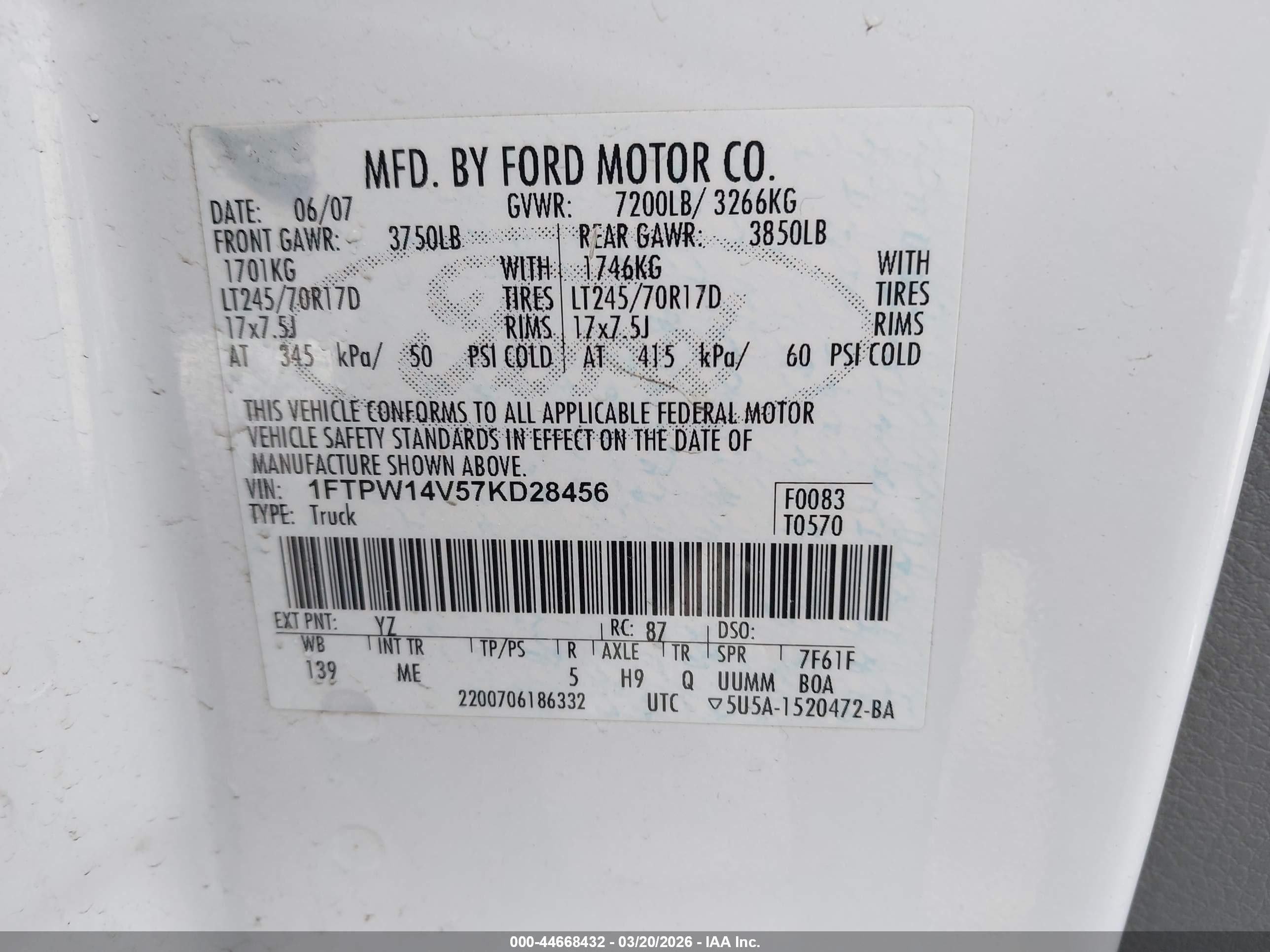2007 Ford F-150 Fx4/lariat/xlt White vin: 1FTPW14V57KD28456