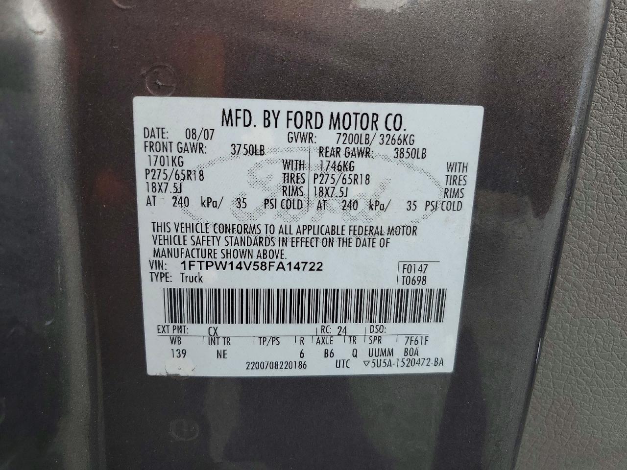 2008 Ford F150 Supercrew Gray vin: 1FTPW14V58FA14722
