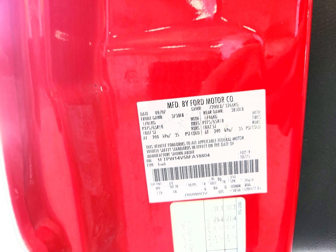 2008 Ford F150 Supercrew Red vin: 1FTPW14V58FA18804