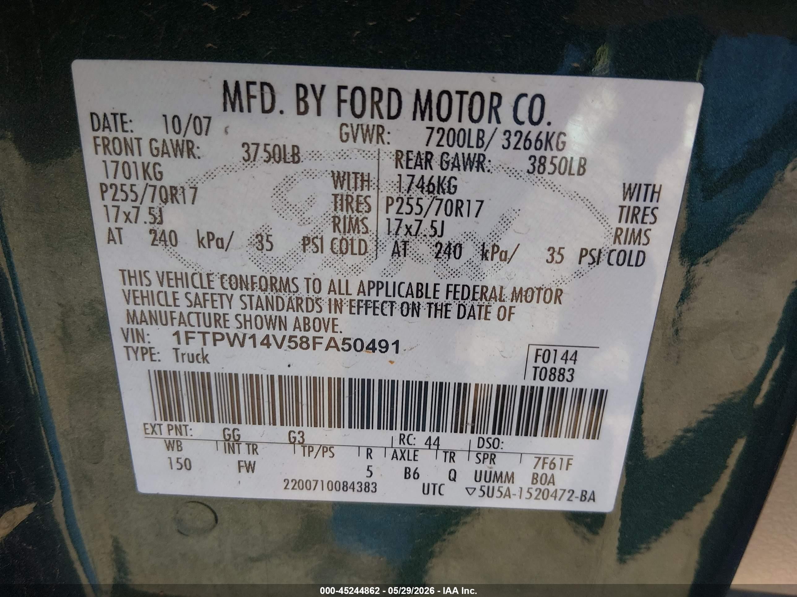 2008 Ford F-150 60th Anniversary/fx4/king Ranch/lariat/xlt Green vin: 1FTPW14V58FA50491