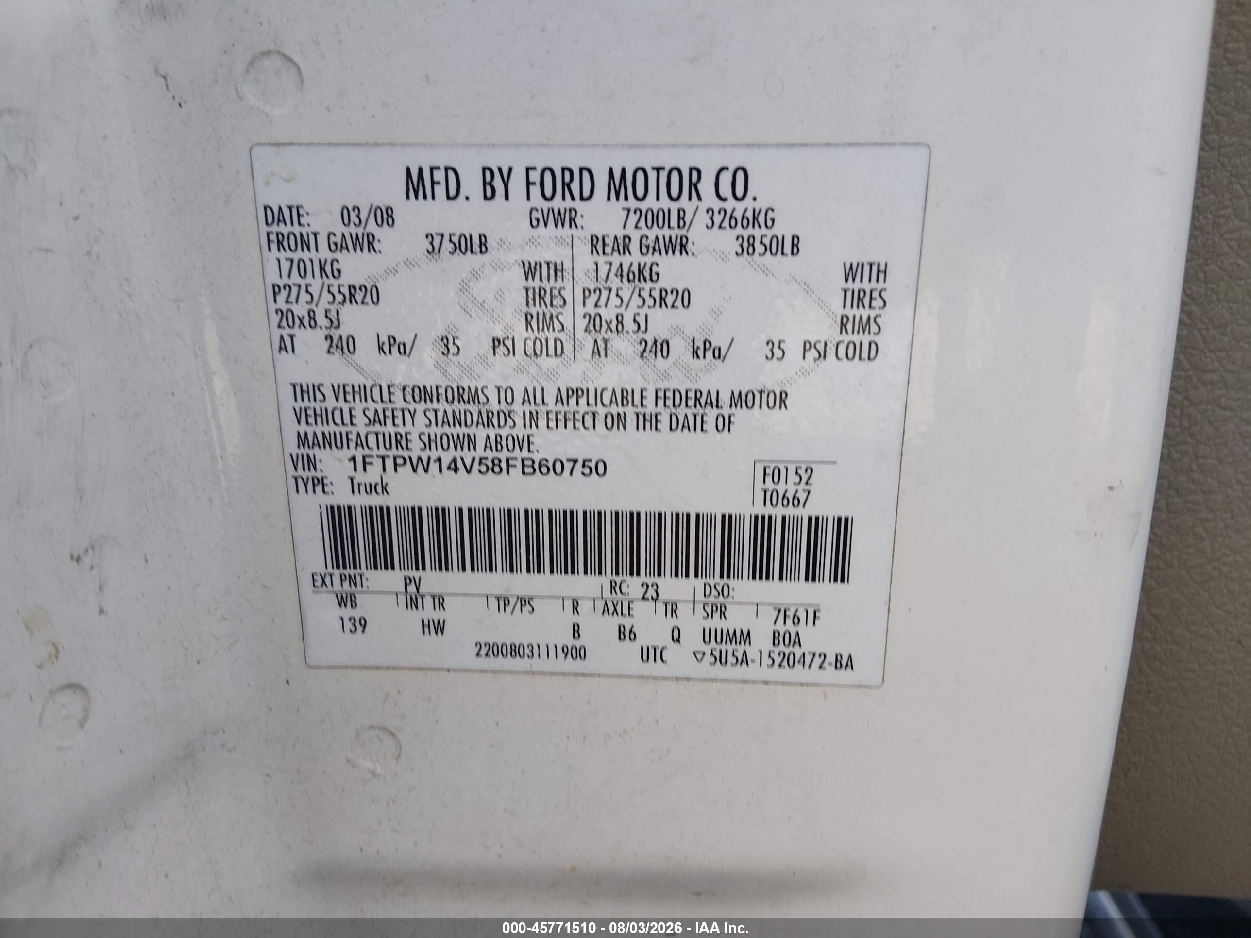 2008 Ford F-150   Белый vin: 1FTPW14V58FB60750