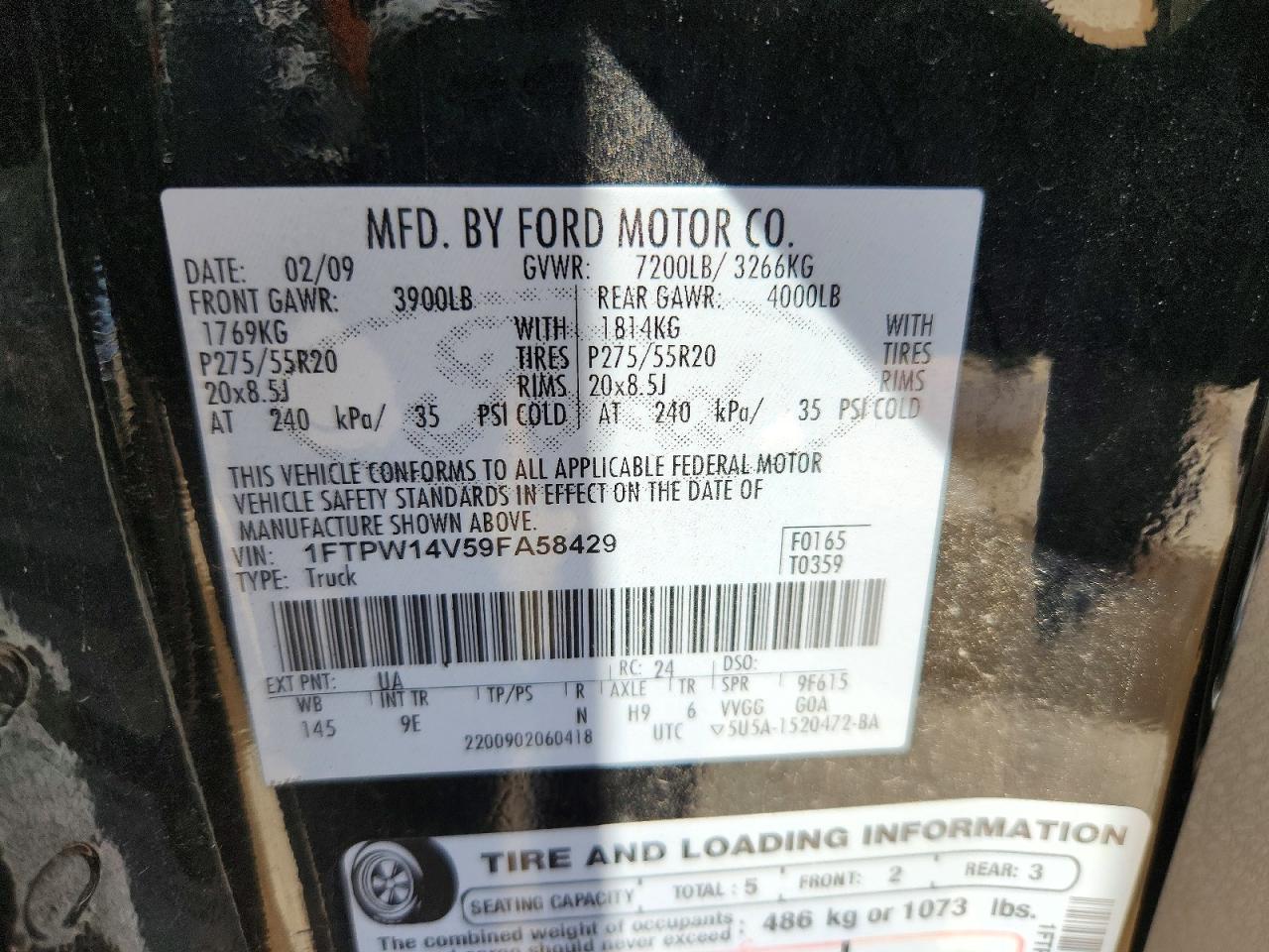 2009 Ford F150 Supercrew Black vin: 1FTPW14V59FA58429