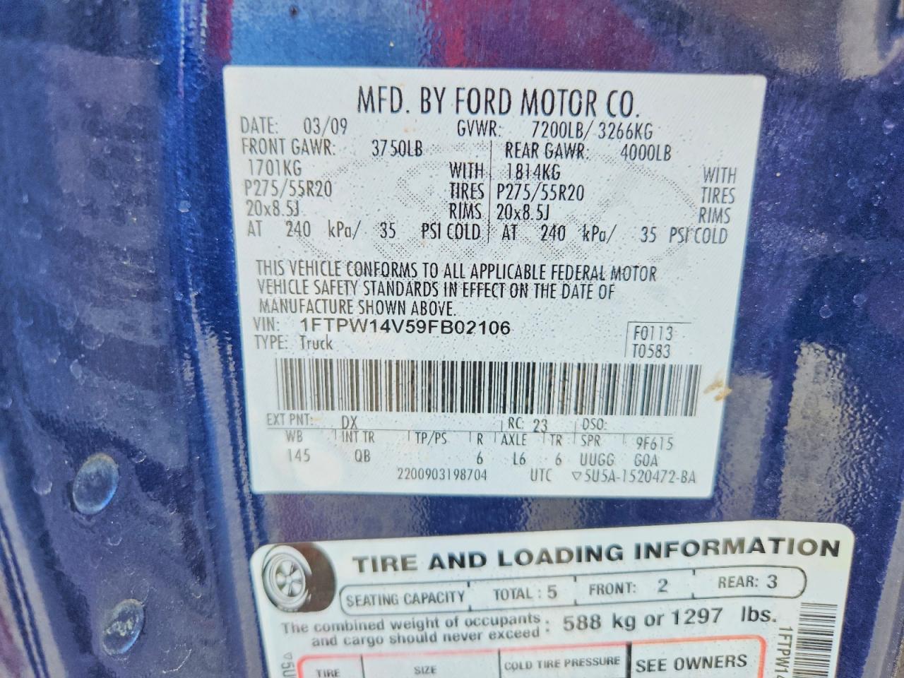 2009 Ford F150 Supercrew Blue vin: 1FTPW14V59FB02106