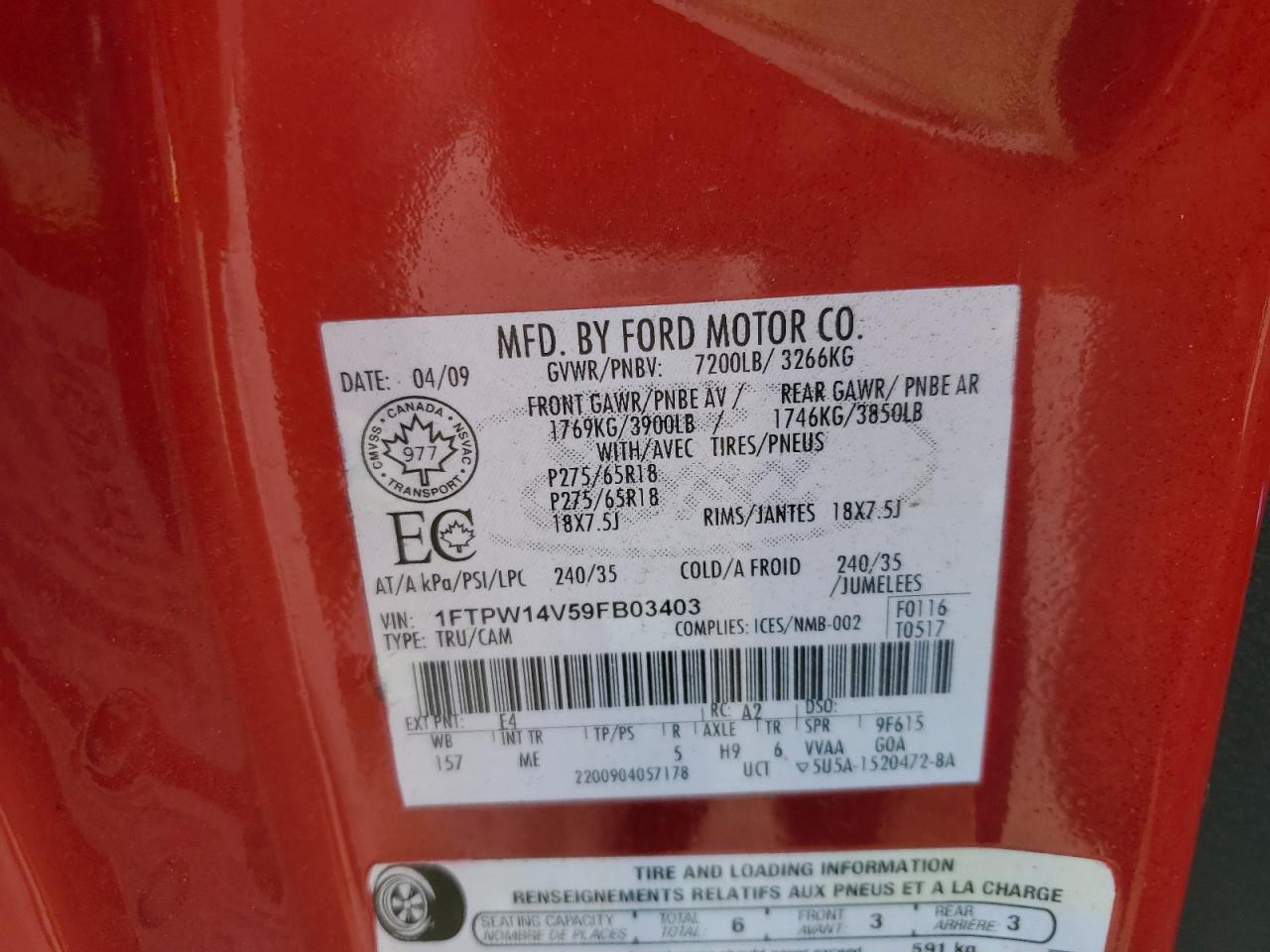 2009 Ford F150 Supercrew Red vin: 1FTPW14V59FB03403