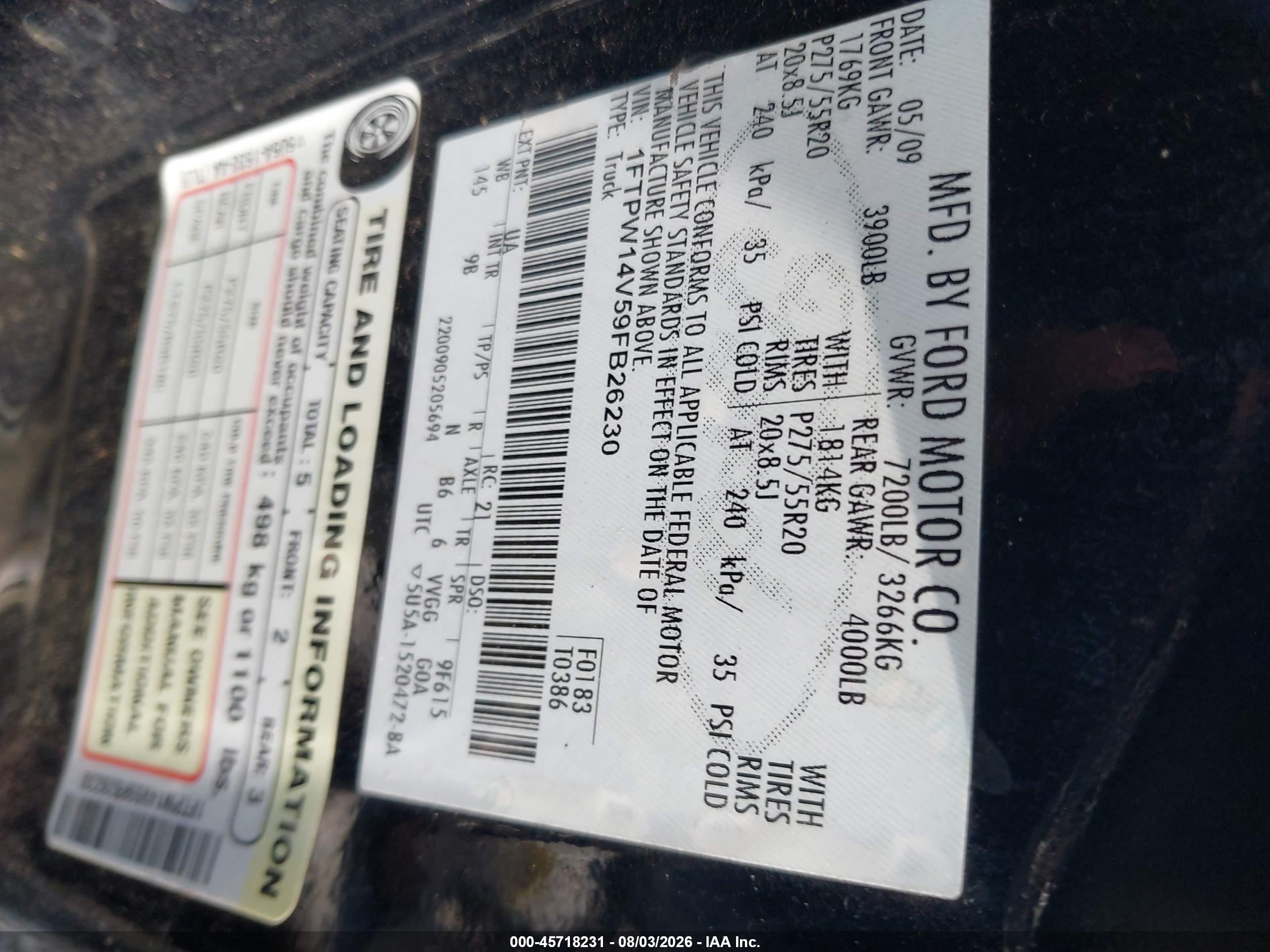 2009 Ford F-150 Fx4/king Ranch/lariat/platinum/xl/xlt Black vin: 1FTPW14V59FB26230