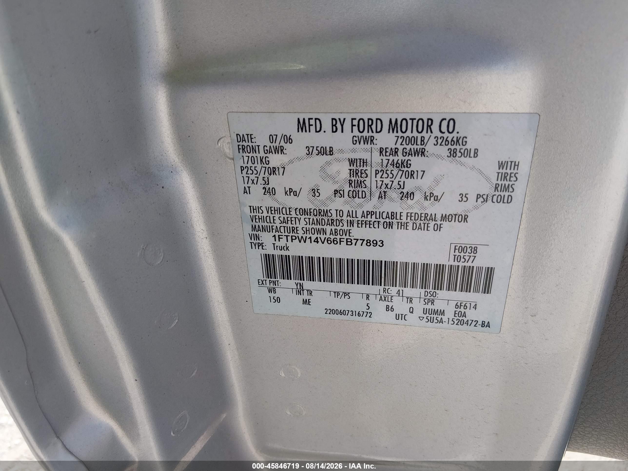 2006 Ford F-150 Fx4/lariat/xlt Gray vin: 1FTPW14V66FB77893