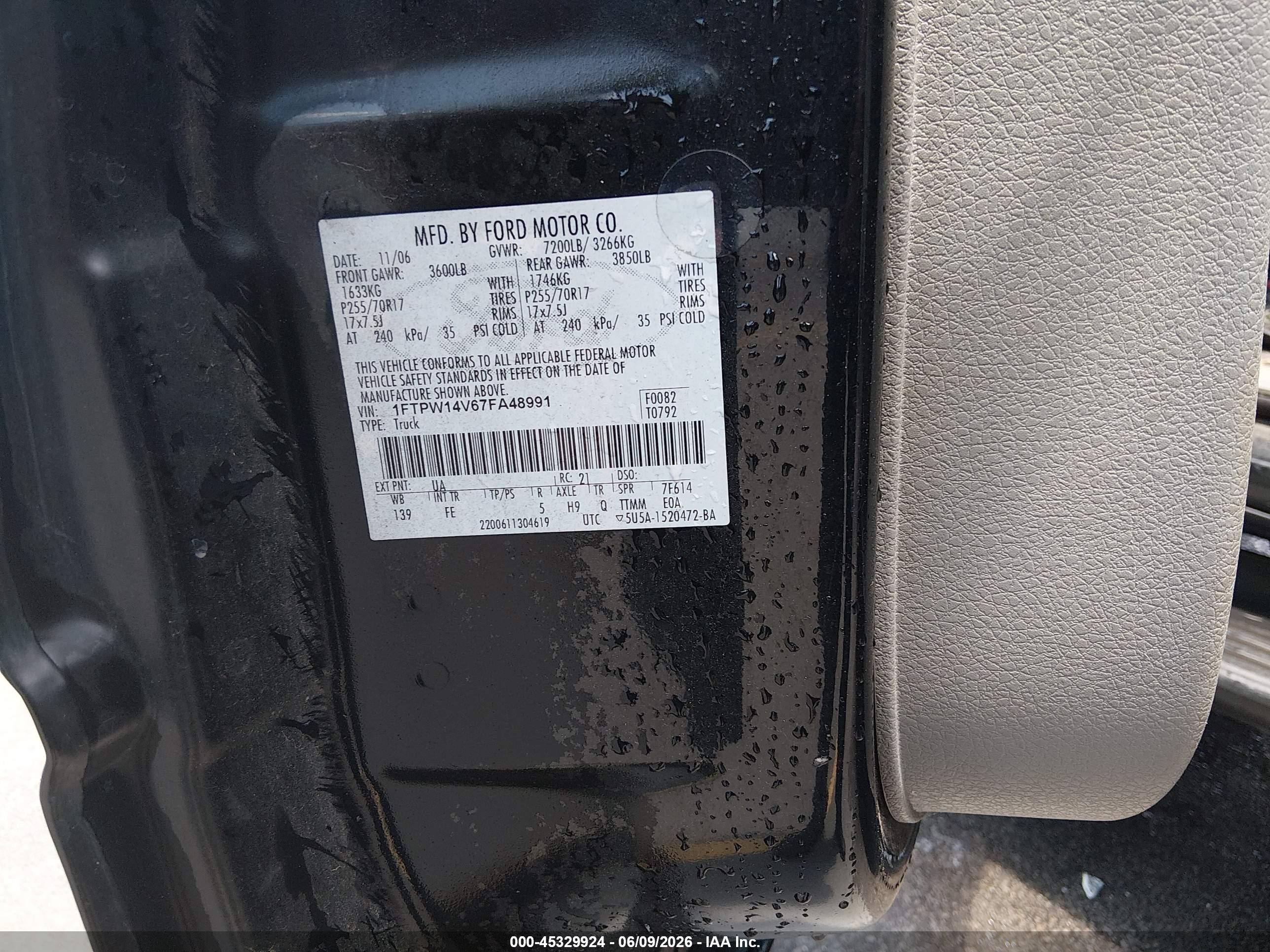 2007 Ford F-150 Fx4/lariat/xlt Black vin: 1FTPW14V67FA48991