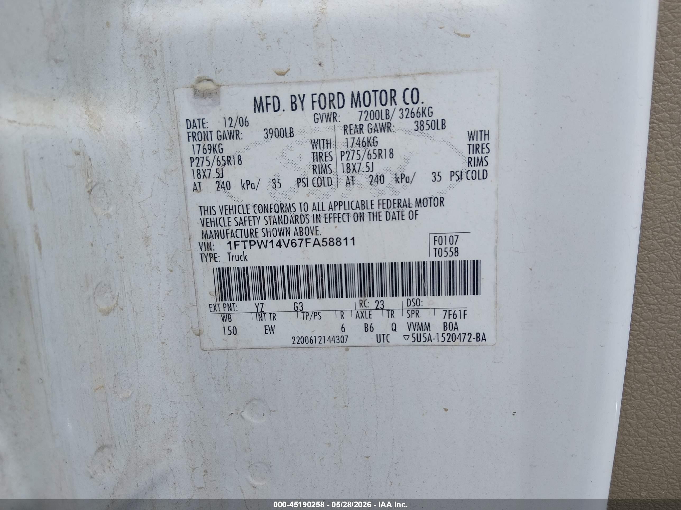 2007 Ford F-150 Fx4/lariat/xlt White vin: 1FTPW14V67FA58811