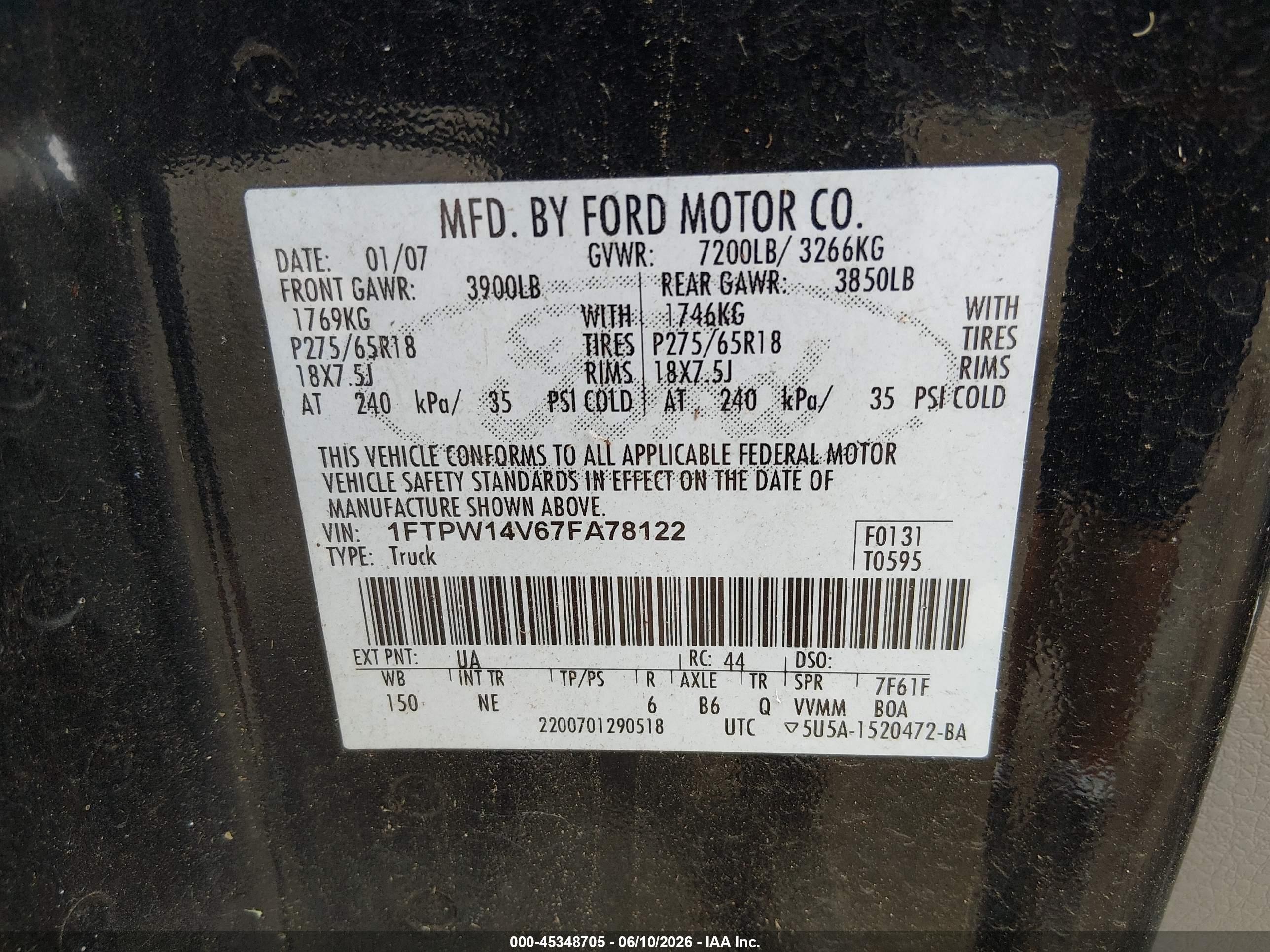 2007 Ford F-150 Fx4/lariat/xlt Black vin: 1FTPW14V67FA78122