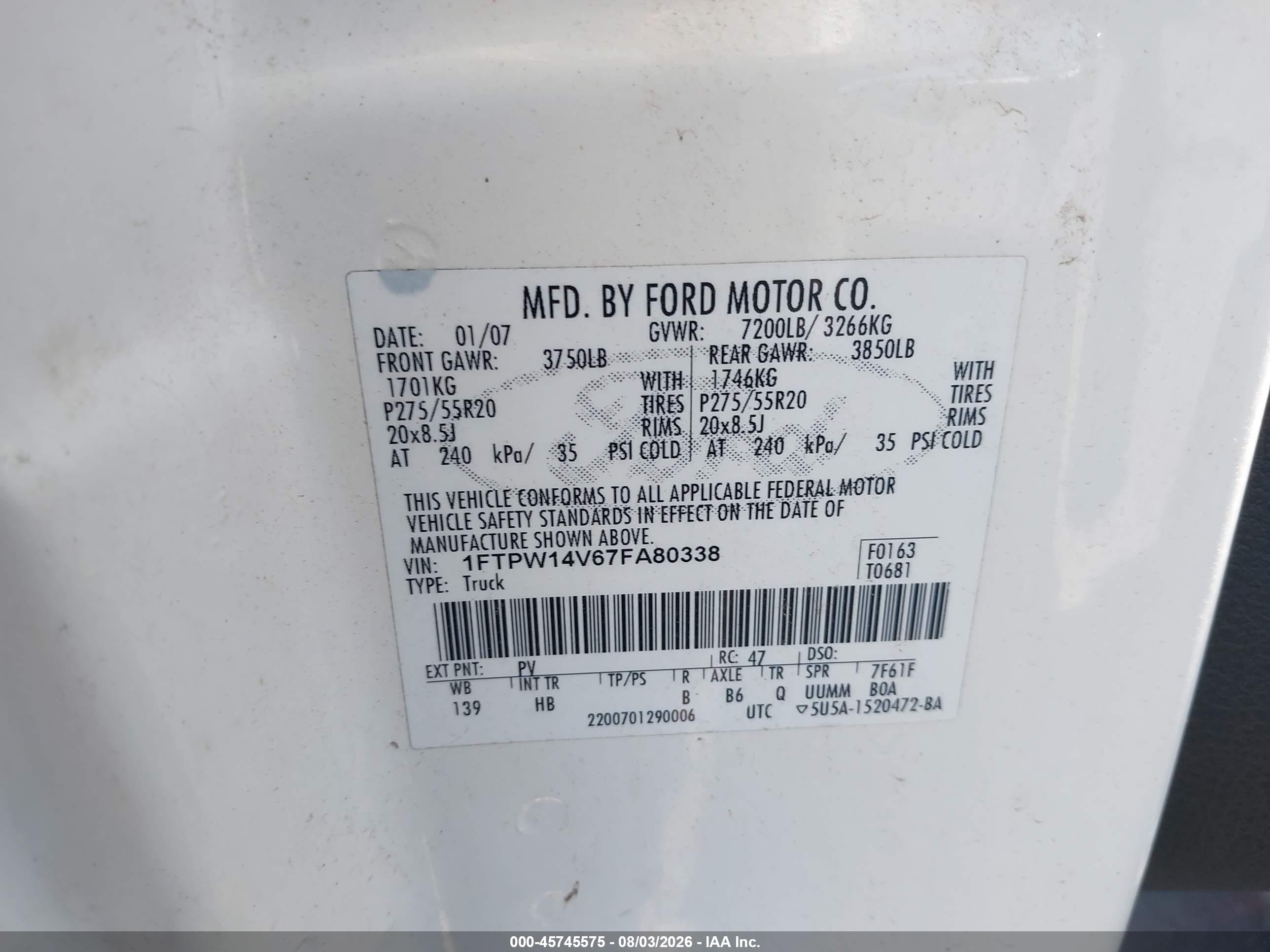 2007 Ford F-150 Fx4/lariat/xlt White vin: 1FTPW14V67FA80338