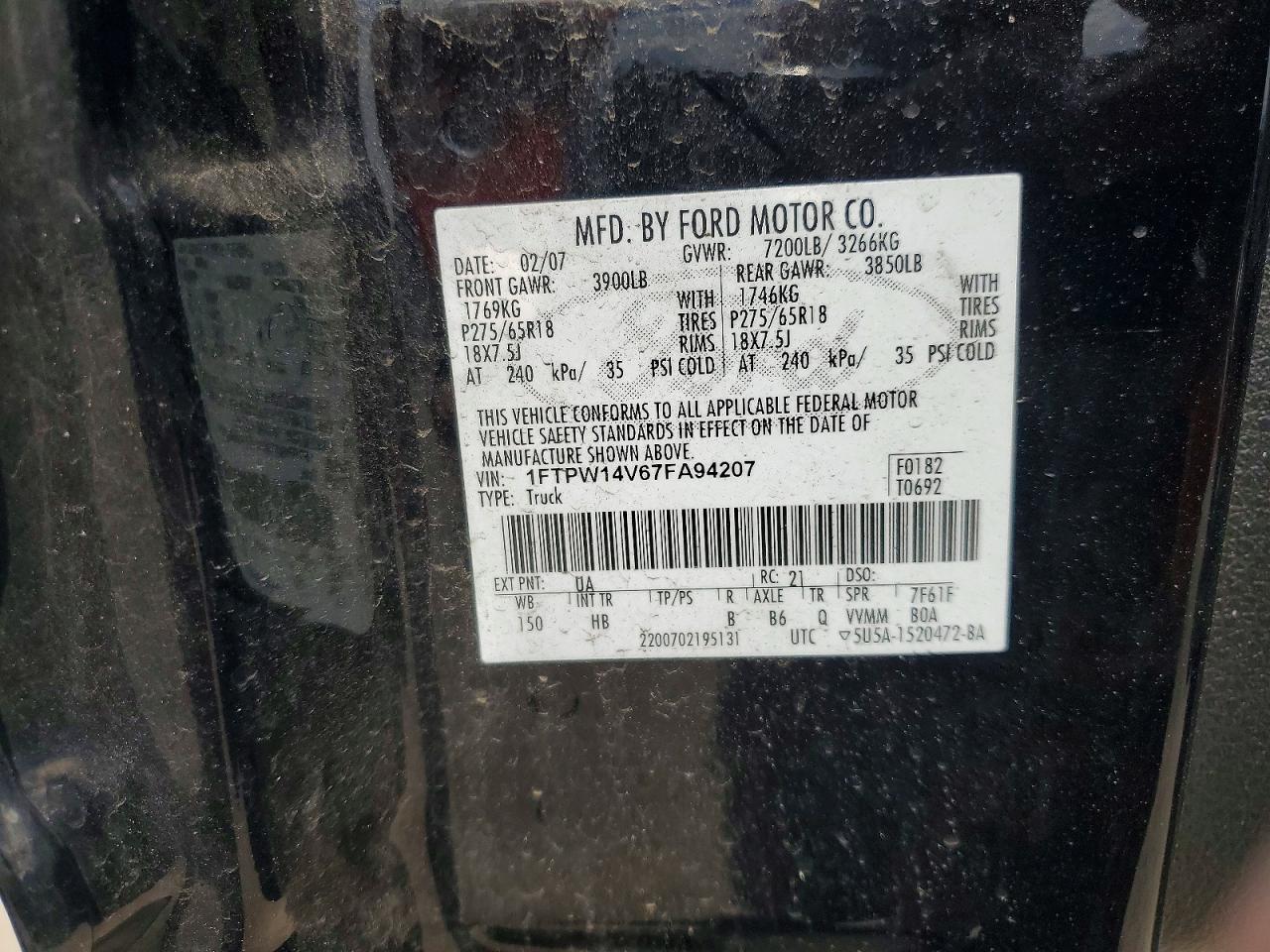 2007 Ford F150 Supercrew Black vin: 1FTPW14V67FA94207