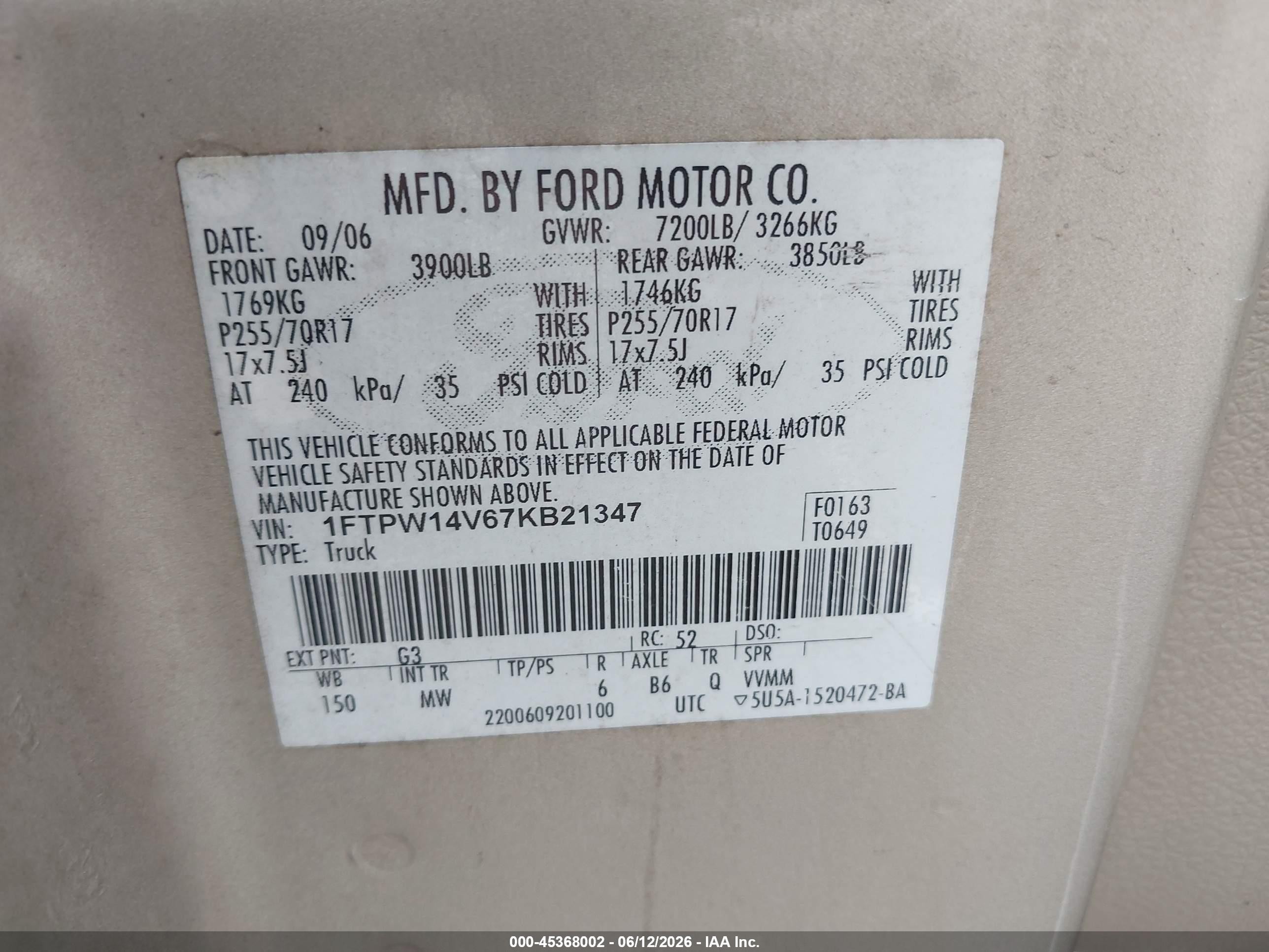 2007 Ford F-150 Fx4/lariat/xlt Beige vin: 1FTPW14V67KB21347