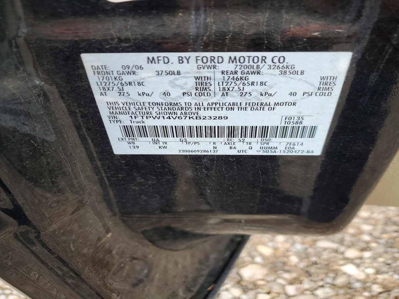 2007 Ford F150 Supercrew Black vin: 1FTPW14V67KB23289