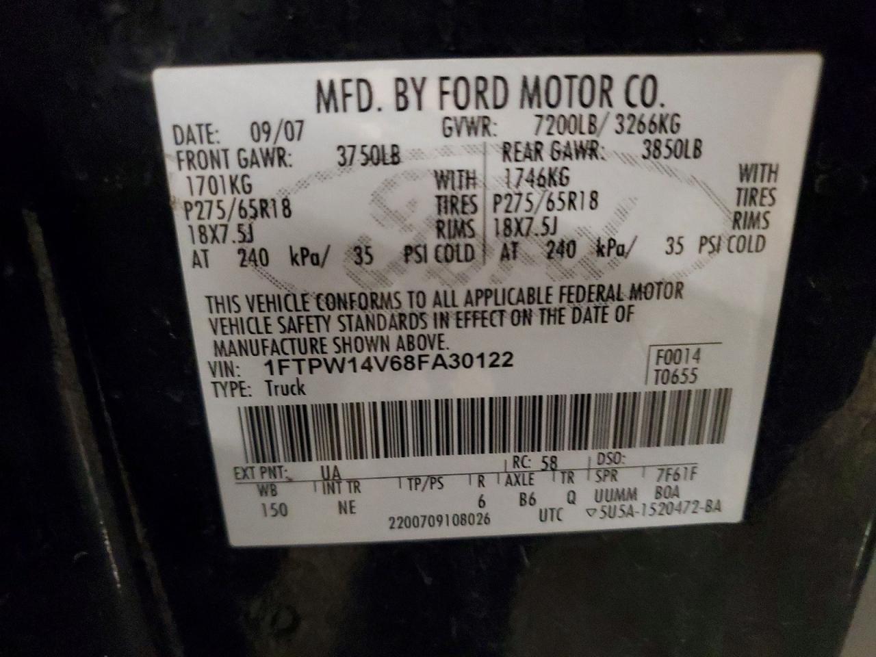 2008 Ford F150 Supercrew Black vin: 1FTPW14V68FA30122