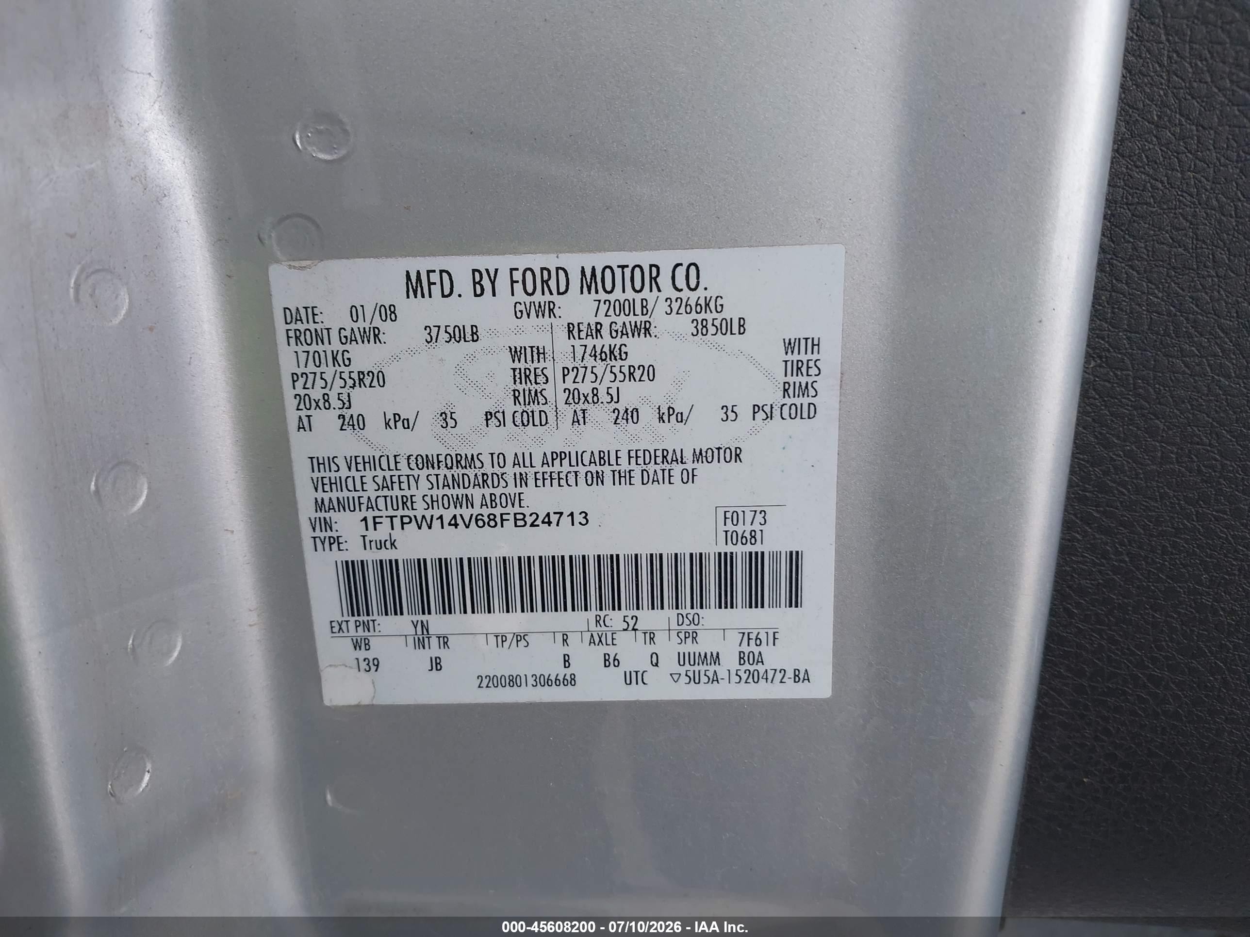 2008 Ford F-150 Fx4 Серый vin: 1FTPW14V68FB24713