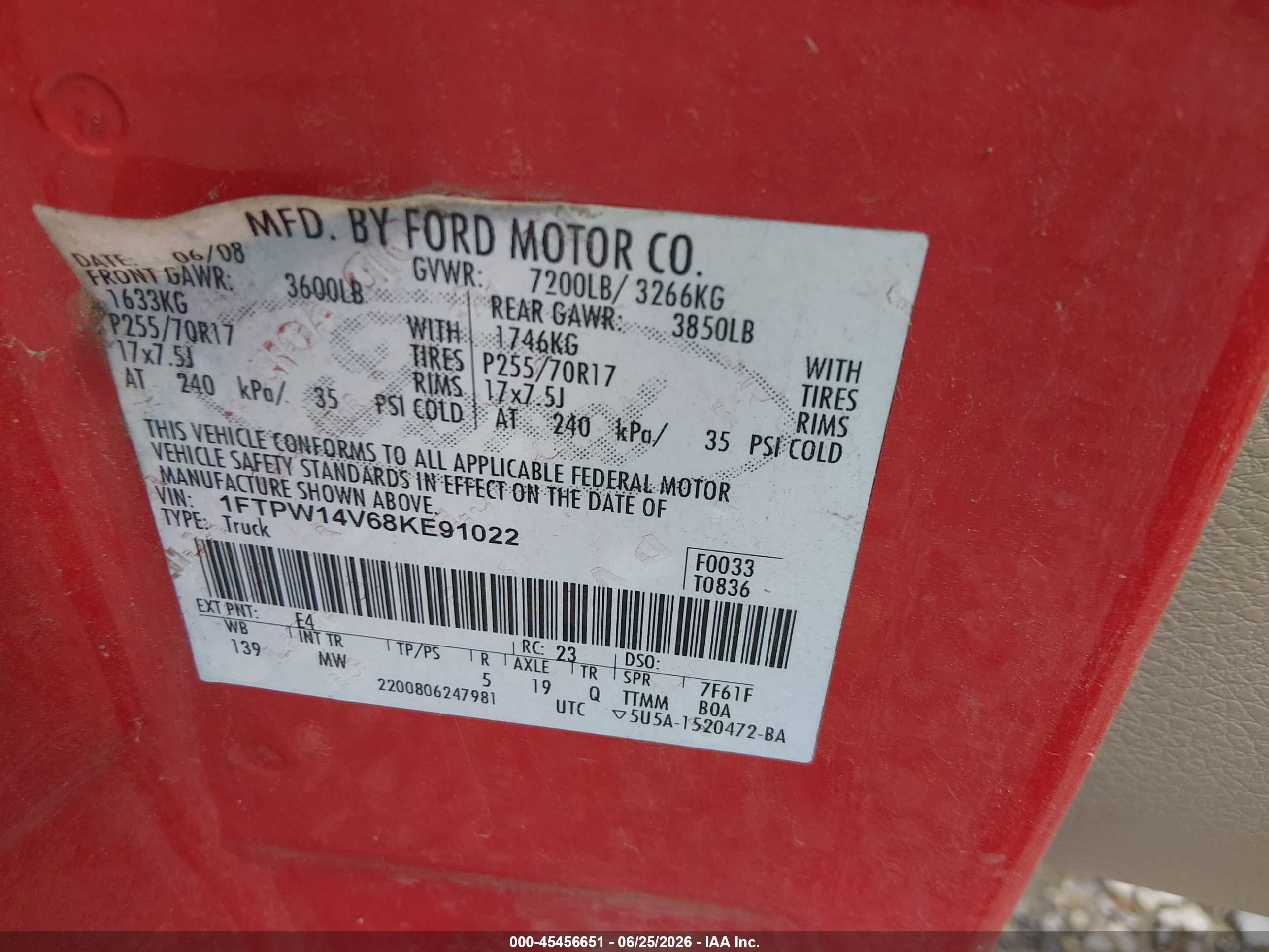2008 Ford F-150 60th Anniversary/fx4/king Ranch/lariat/xlt Red vin: 1FTPW14V68KE91022