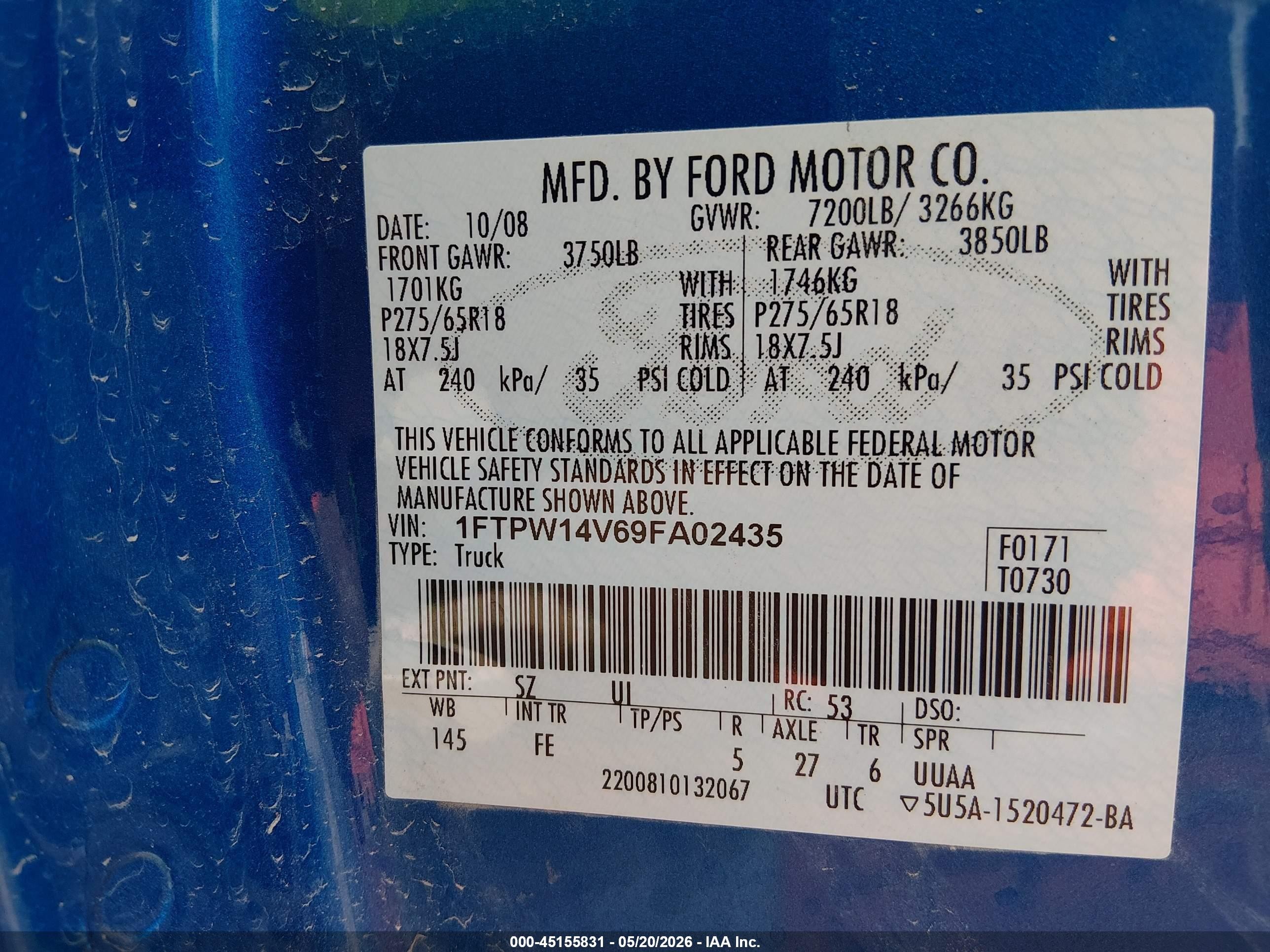 2009 Ford F-150 Fx4/king Ranch/lariat/platinum/xl/xlt Blue vin: 1FTPW14V69FA02435