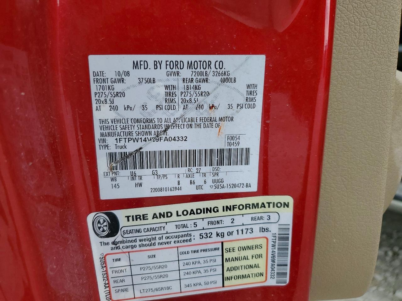 2009 Ford F150 Supercrew Red vin: 1FTPW14V69FA04332