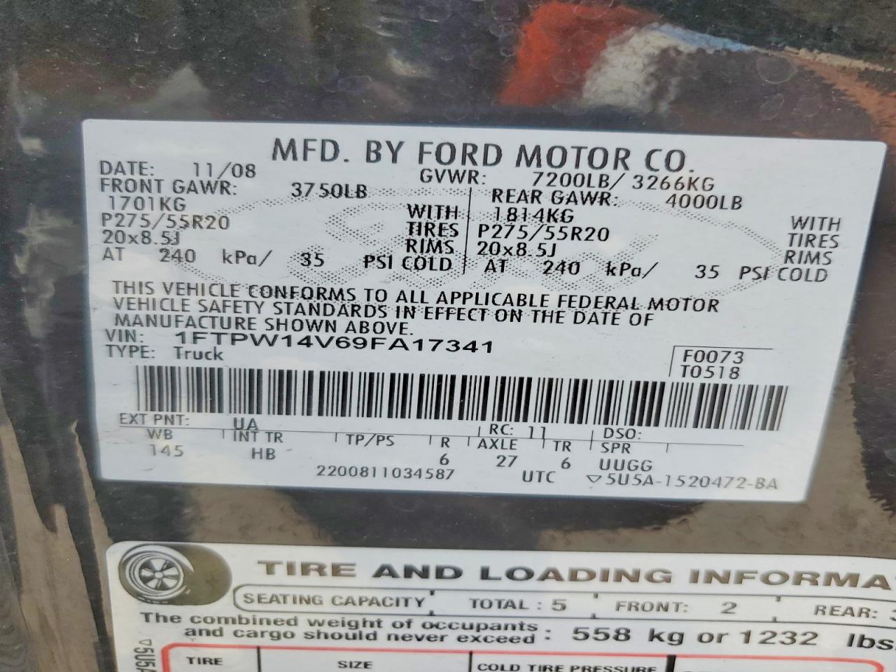 2009 Ford F150 Supercrew Black vin: 1FTPW14V69FA17341
