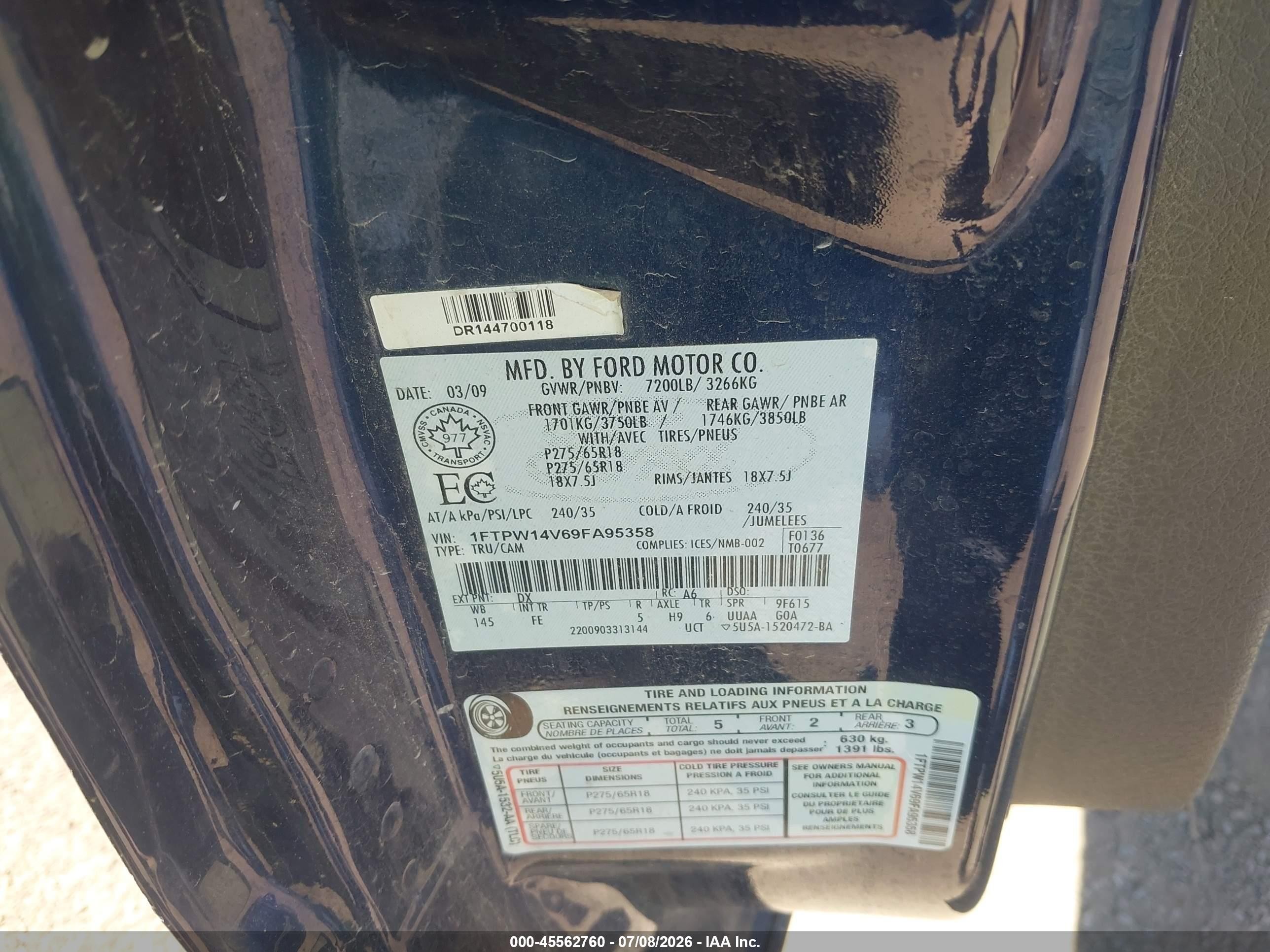2009 Ford F-150 Fx4/king Ranch/lariat/platinum/xl/xlt Blue vin: 1FTPW14V69FA95358