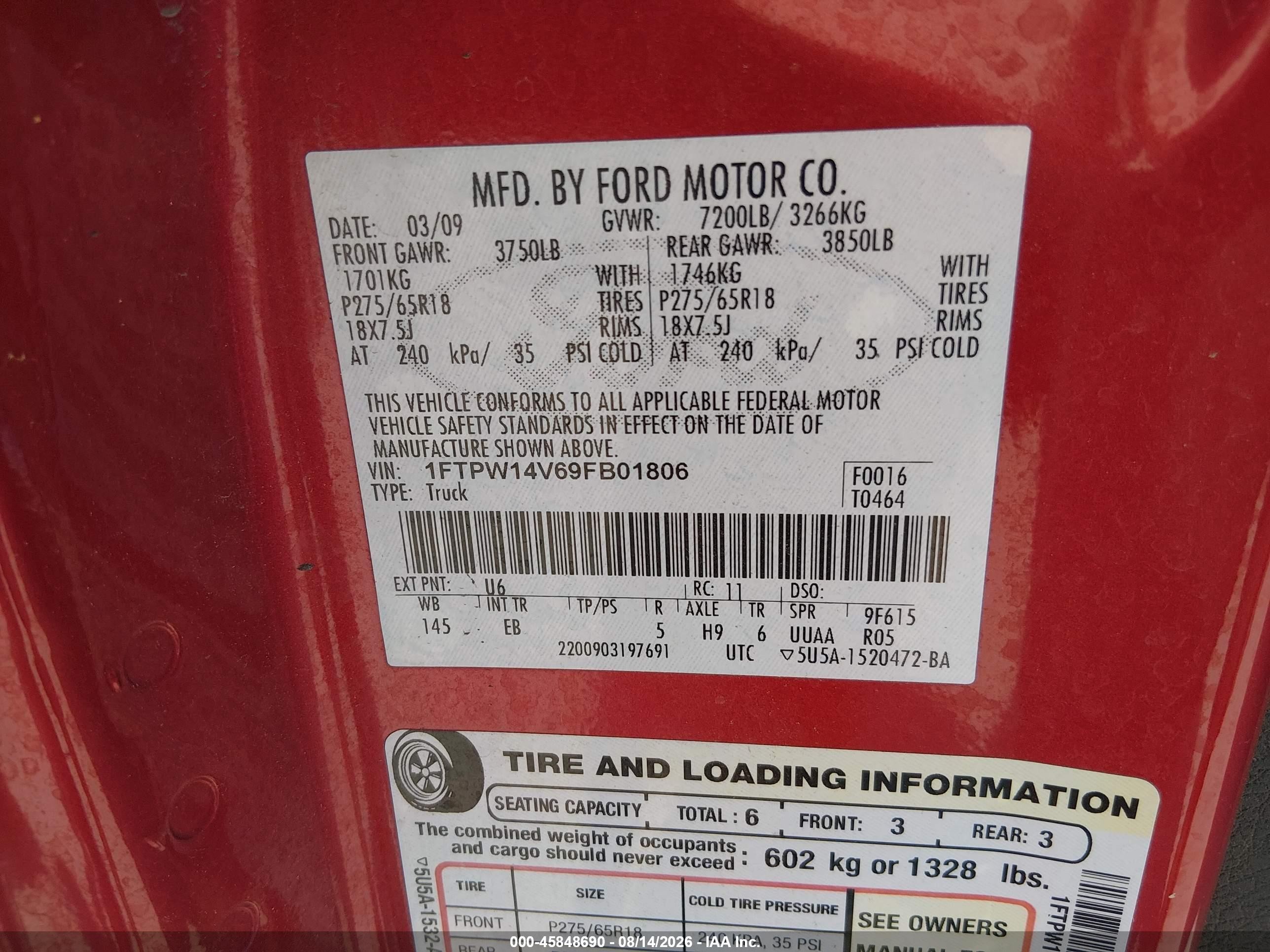 2009 Ford F-150 Fx4/king Ranch/lariat/platinum/xl/xlt Красный vin: 1FTPW14V69FB01806