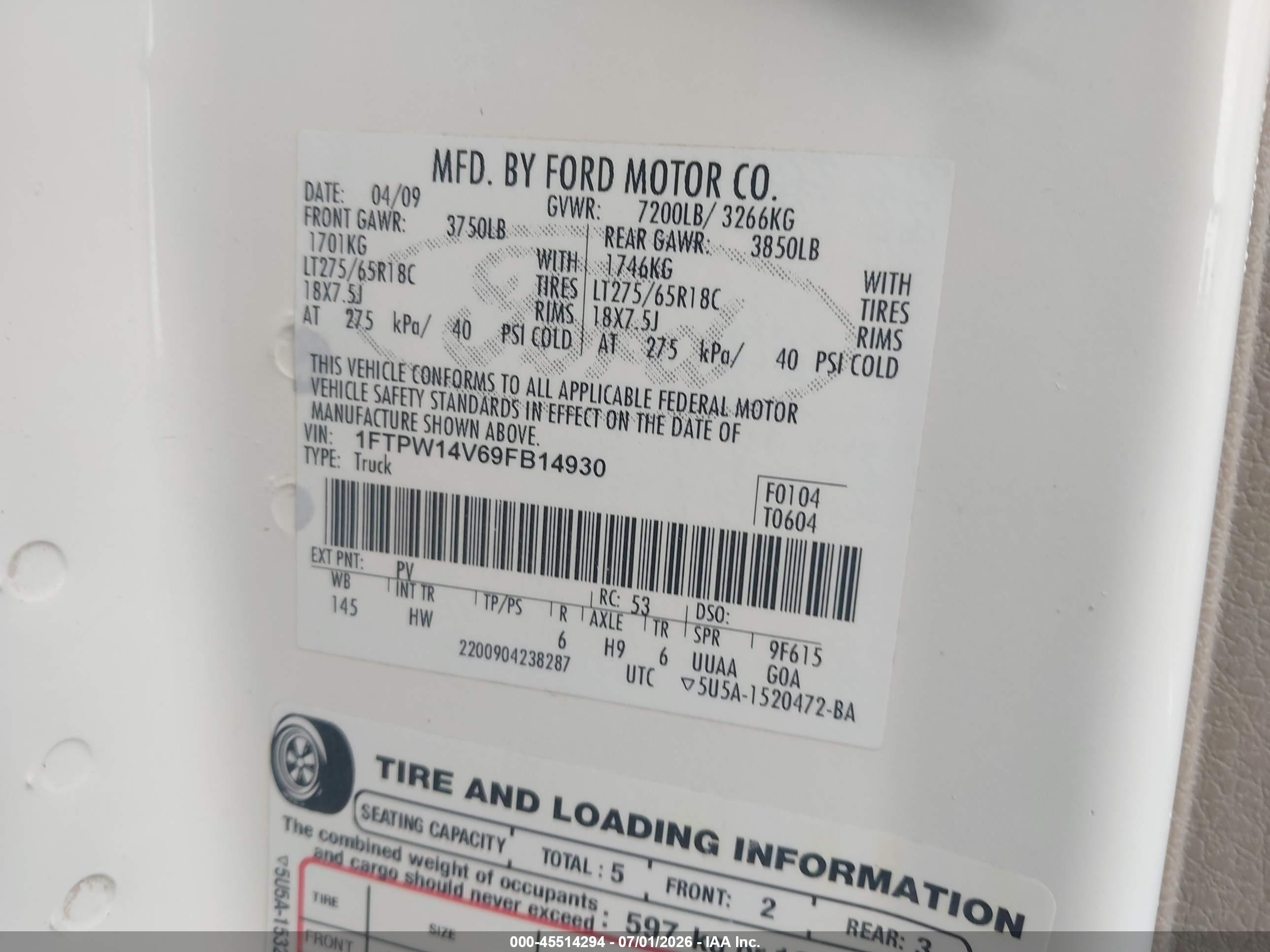 2009 Ford F-150 Fx4/king Ranch/lariat/platinum/xl/xlt Белый vin: 1FTPW14V69FB14930