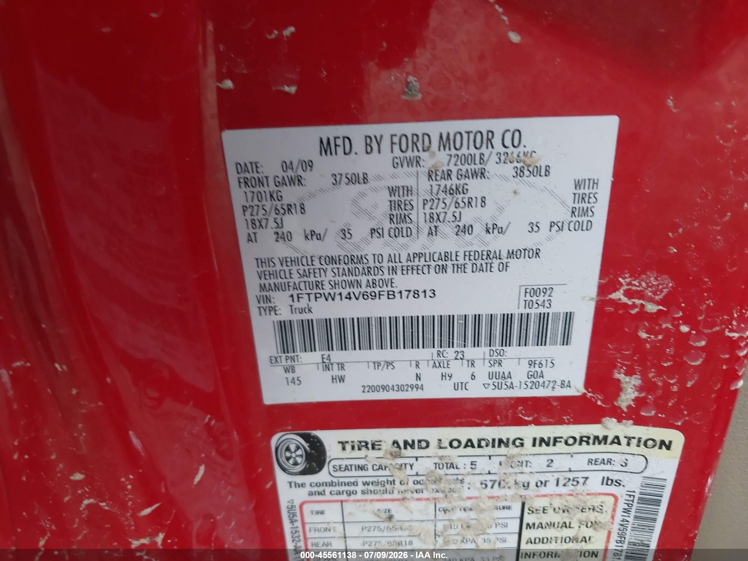 2009 Ford F-150 Fx4/king Ranch/lariat/platinum/xl/xlt Red vin: 1FTPW14V69FB17813