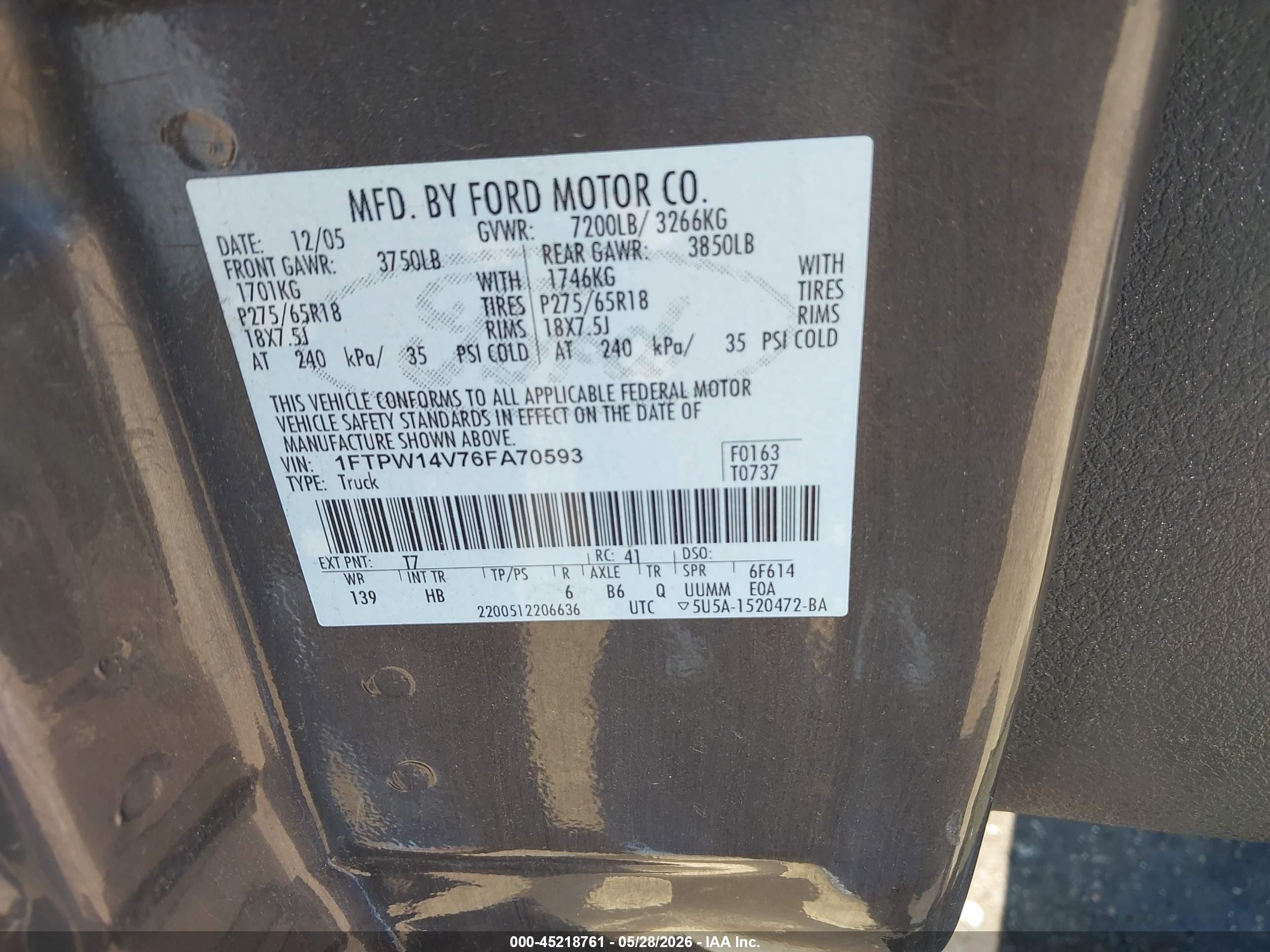 2006 Ford F-150 Fx4/lariat/xlt Gray vin: 1FTPW14V76FA70593