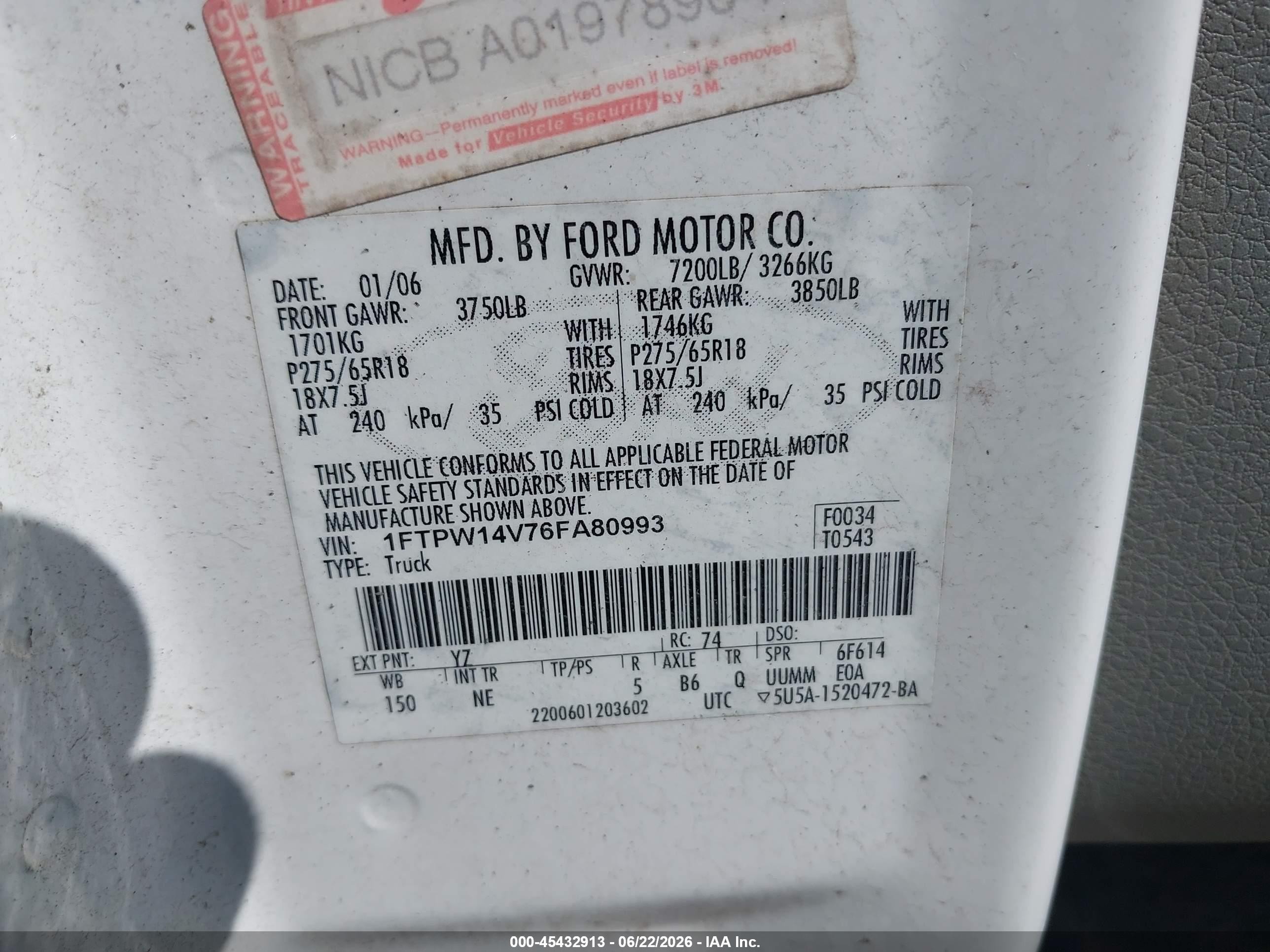 2006 Ford F-150 Fx4/lariat/xlt White vin: 1FTPW14V76FA80993