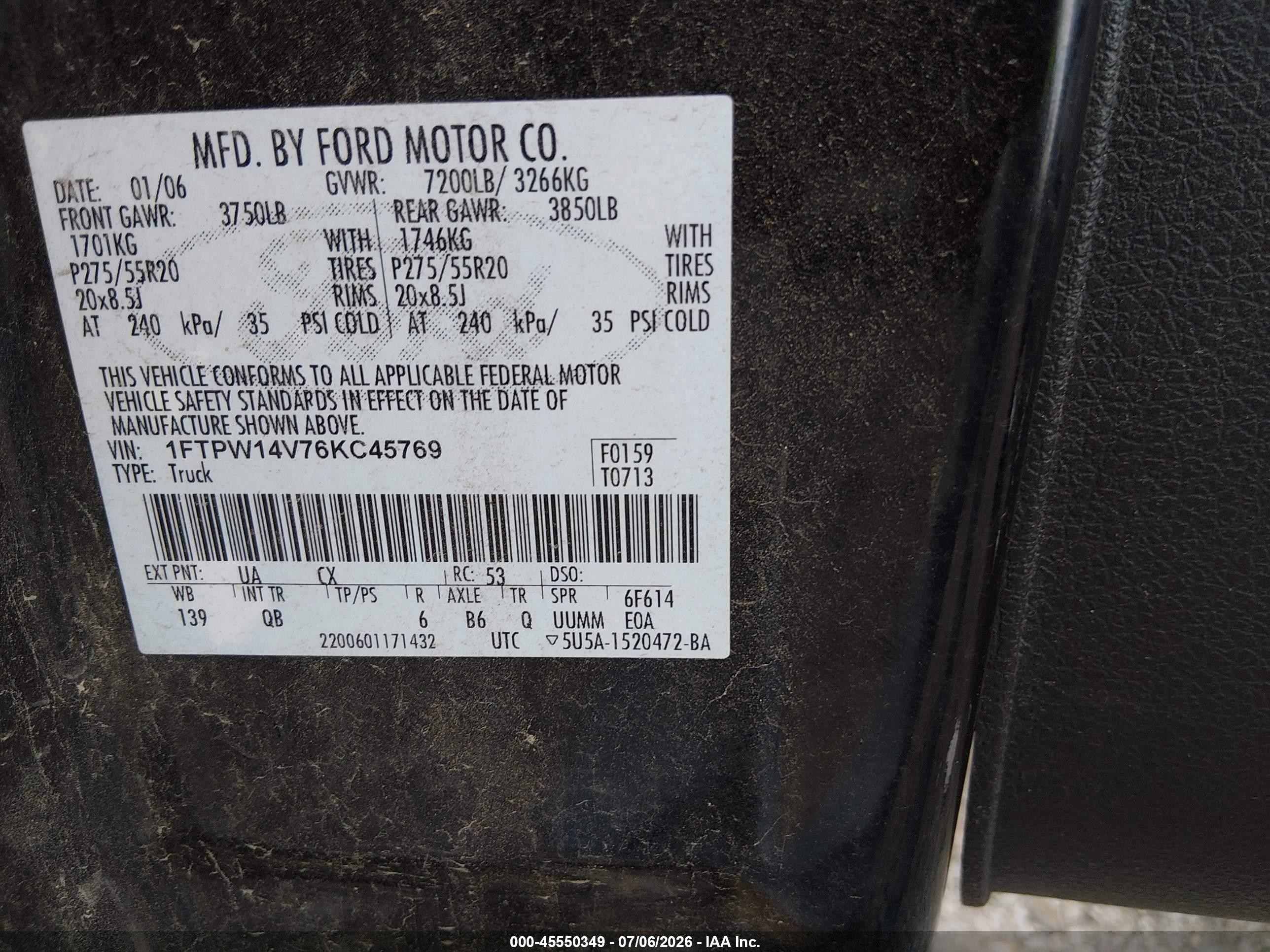 2006 Ford F-150 Fx4/lariat/xlt Black vin: 1FTPW14V76KC45769
