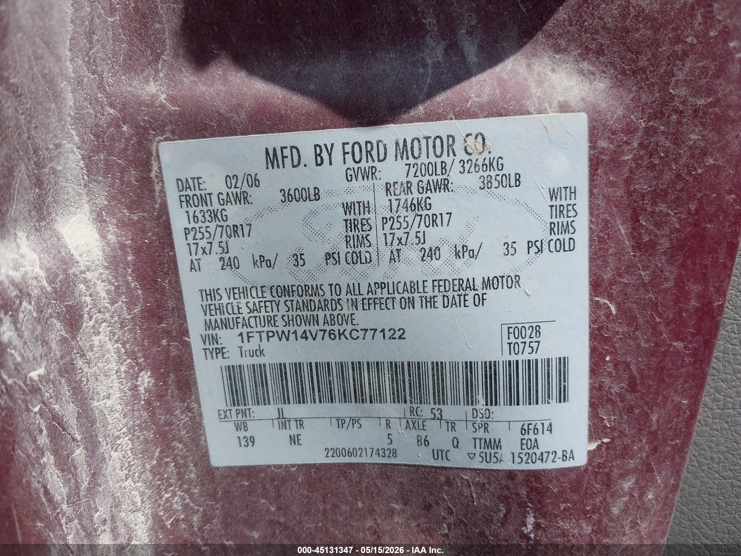 2006 Ford F-150 Fx4/lariat/xlt Maroon vin: 1FTPW14V76KC77122