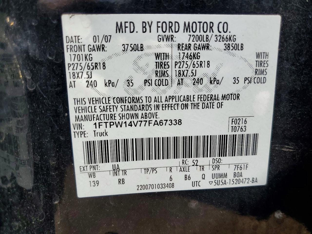 2007 Ford F150 Supercrew Black vin: 1FTPW14V77FA67338