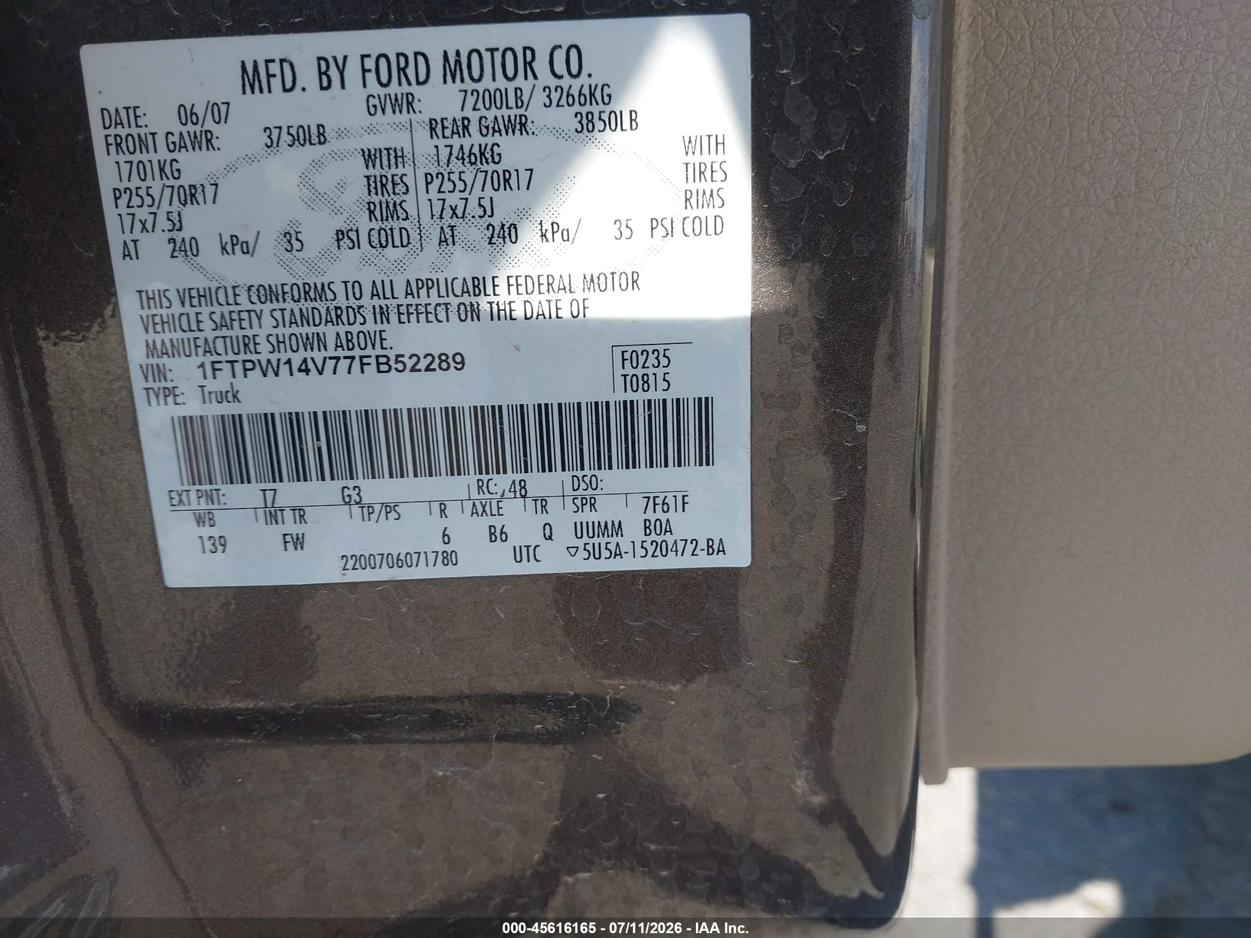 2007 Ford F-150 Fx4/lariat/xlt Brown vin: 1FTPW14V77FB52289