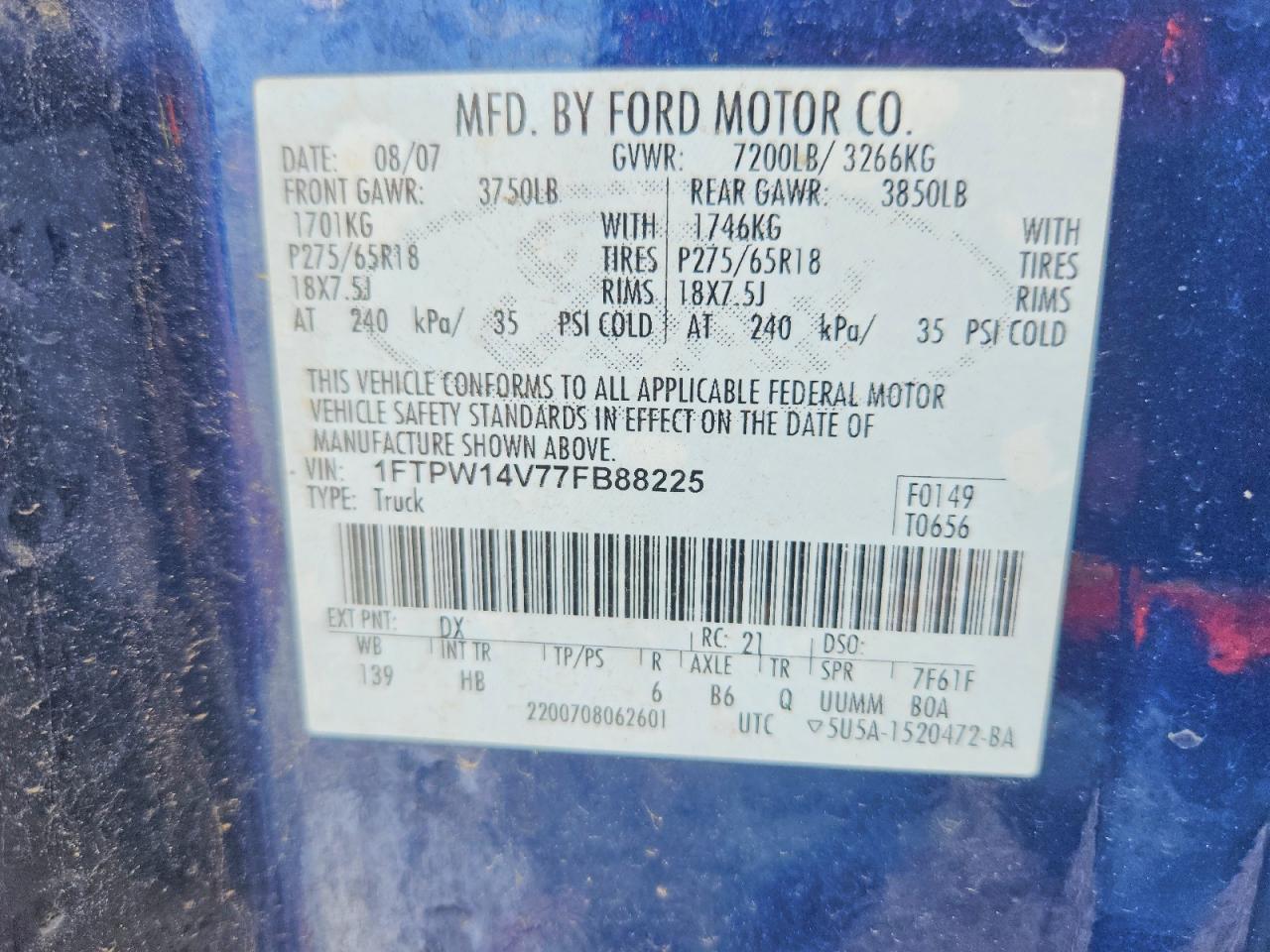 2007 Ford F150 Supercrew Blue vin: 1FTPW14V77FB88225
