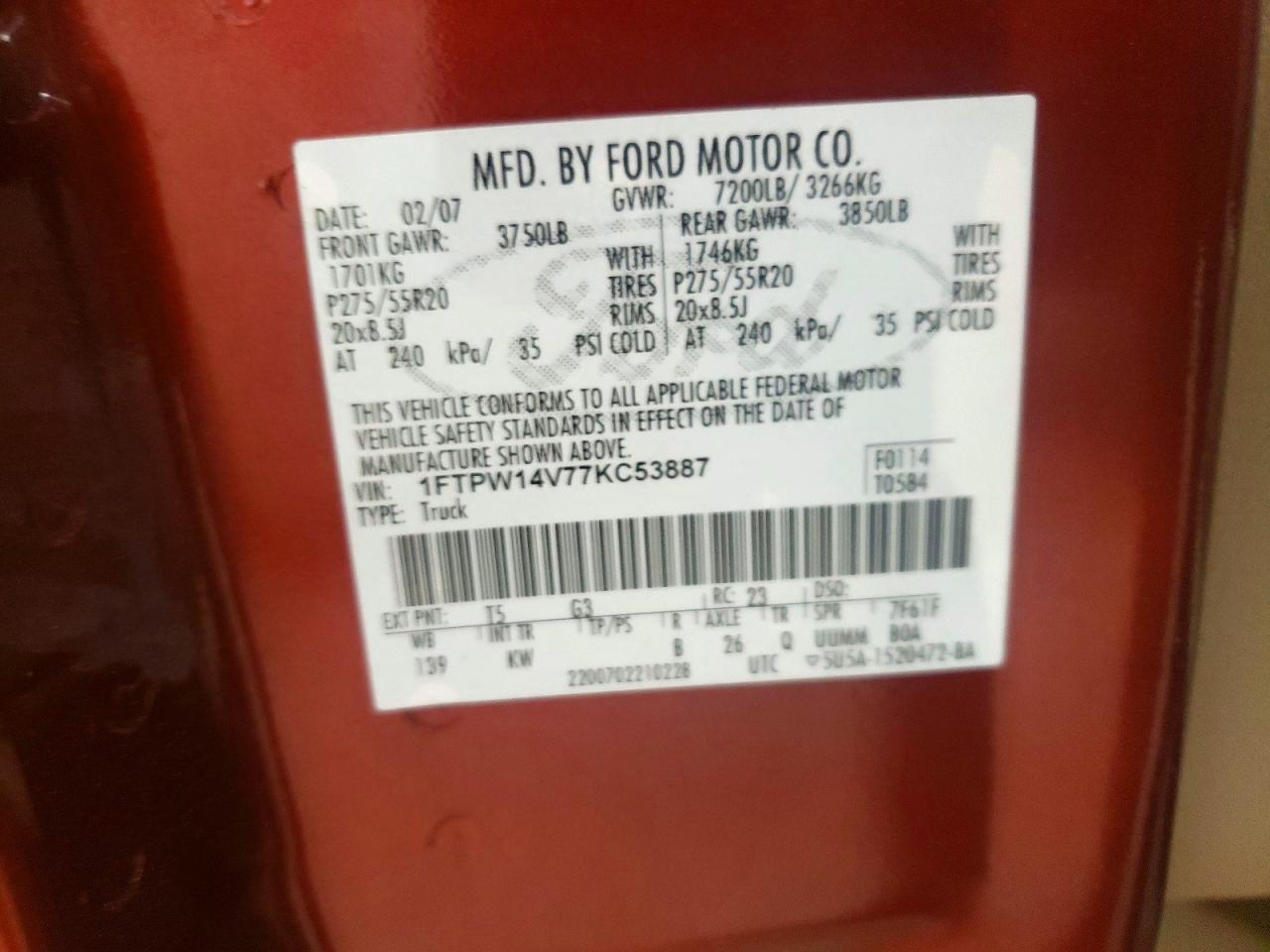 2007 Ford F150 Supercrew Maroon vin: 1FTPW14V77KC53887