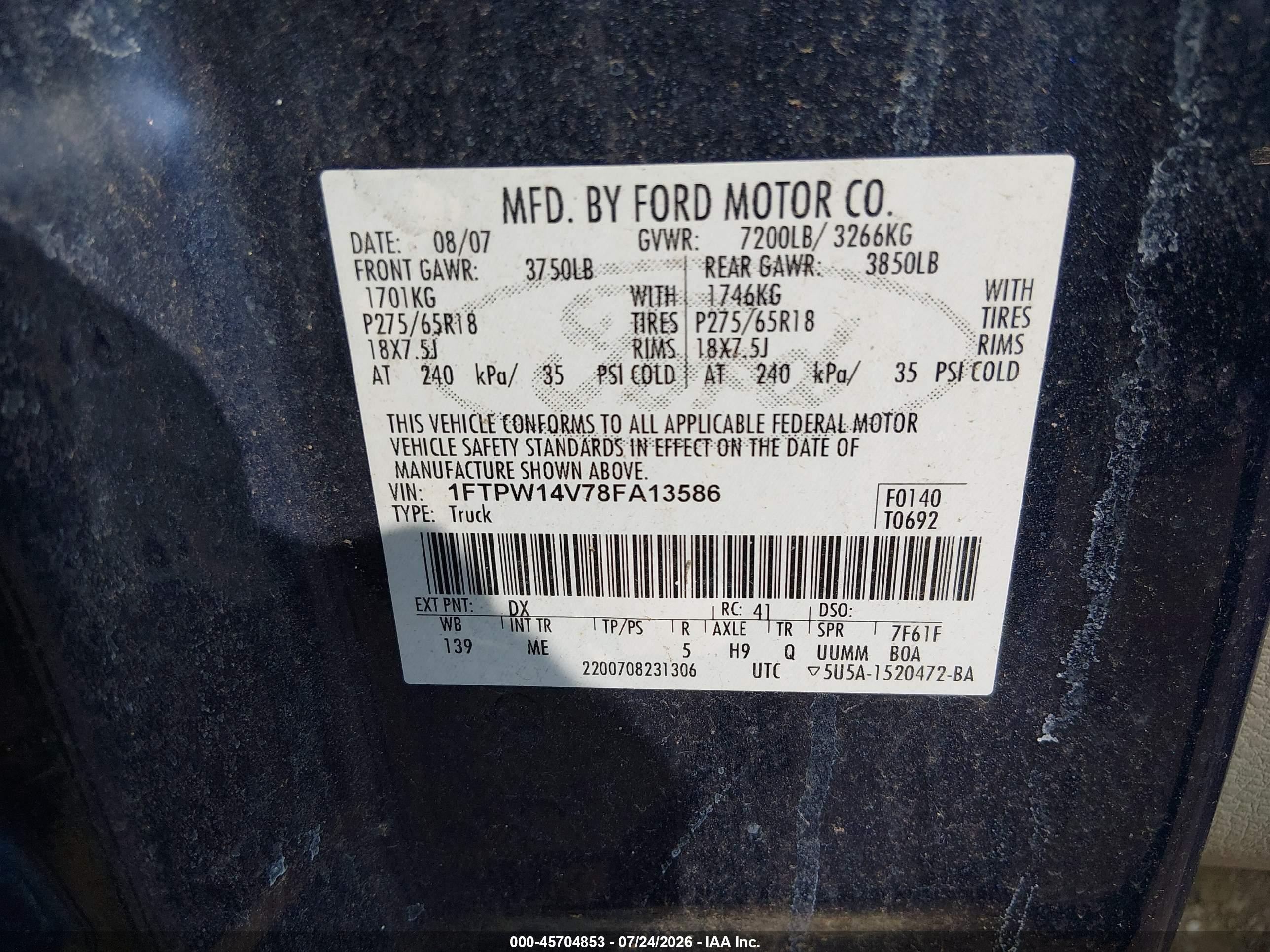 2008 Ford F-150 60th Anniversary/fx4/king Ranch/lariat/xlt Dark Blue vin: 1FTPW14V78FA13586