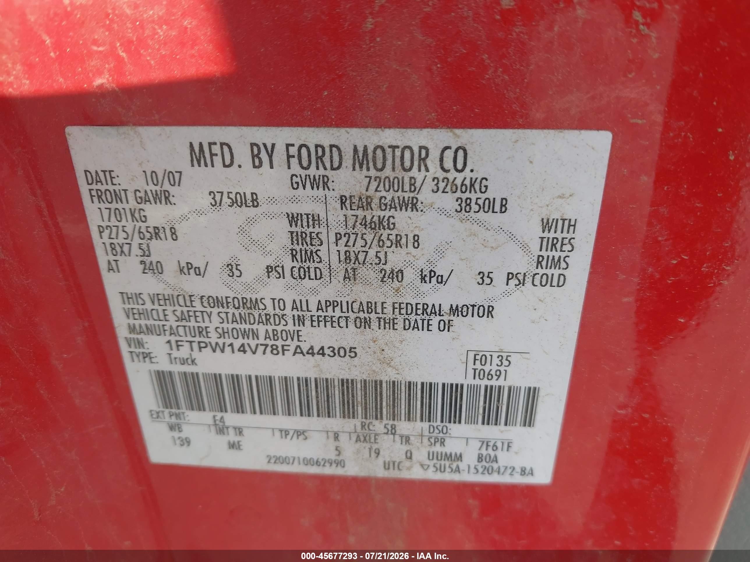 2008 Ford F-150 60th Anniversary/fx4/king Ranch/lariat/xlt Red vin: 1FTPW14V78FA44305
