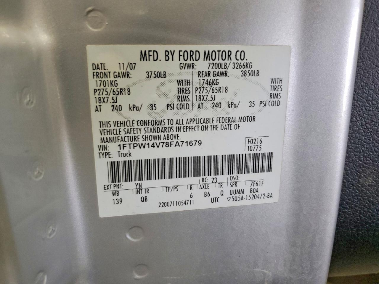 2008 Ford F150 Supercrew Silver vin: 1FTPW14V78FA71679