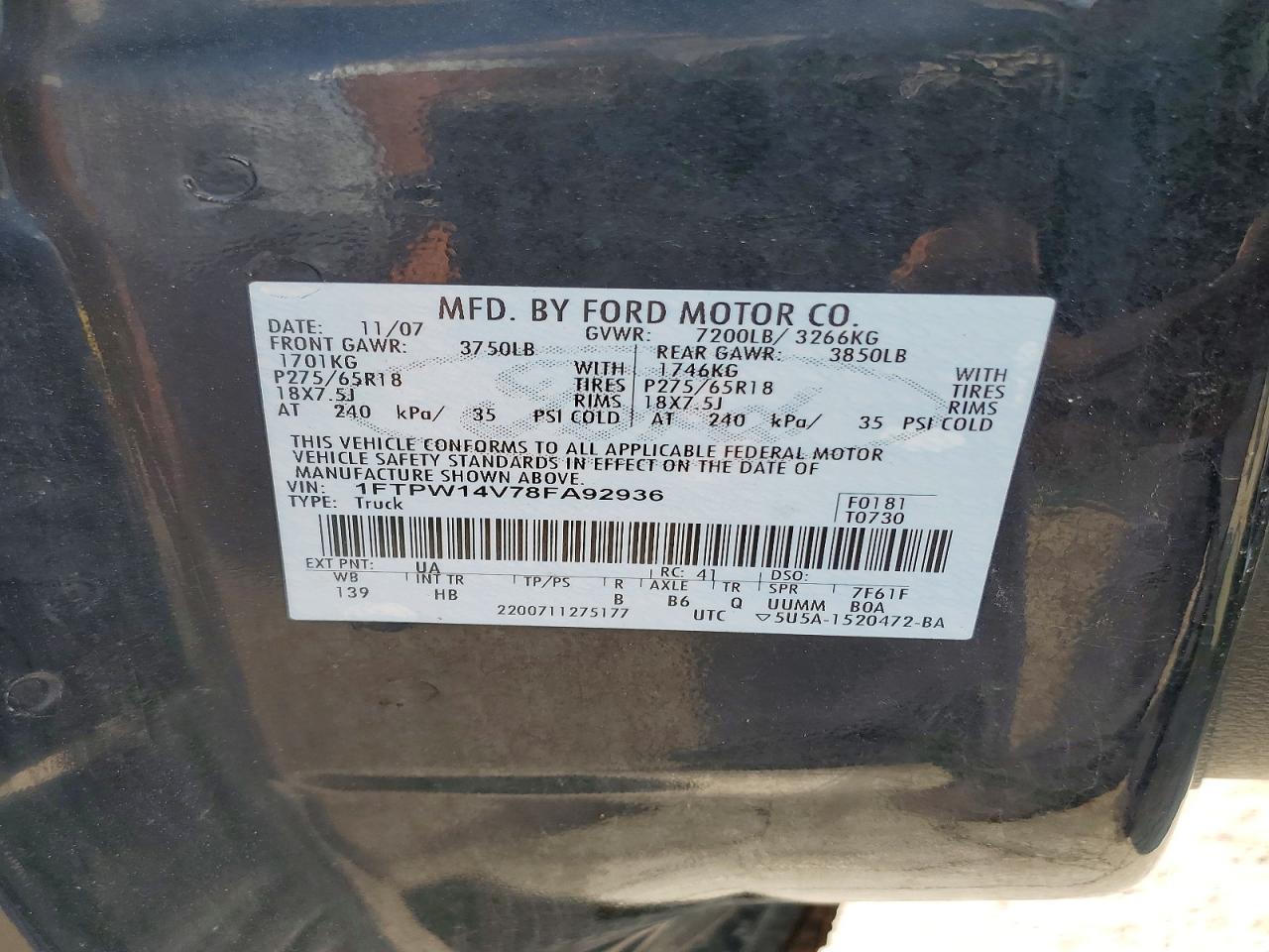 2008 Ford F150 Supercrew Black vin: 1FTPW14V78FA92936