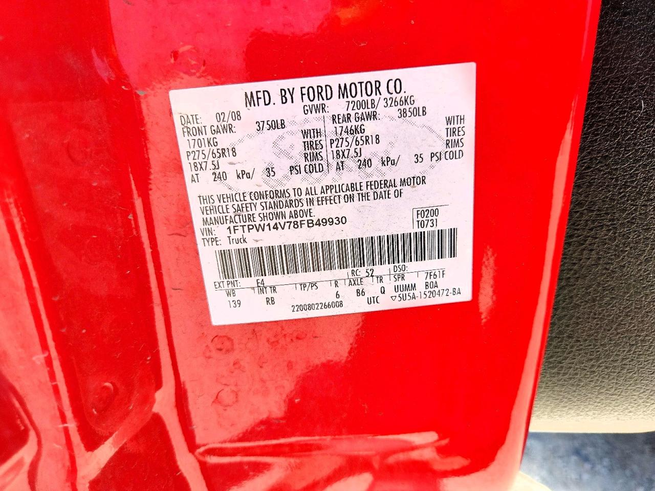 2008 Ford F150 Supercrew Red vin: 1FTPW14V78FB49930