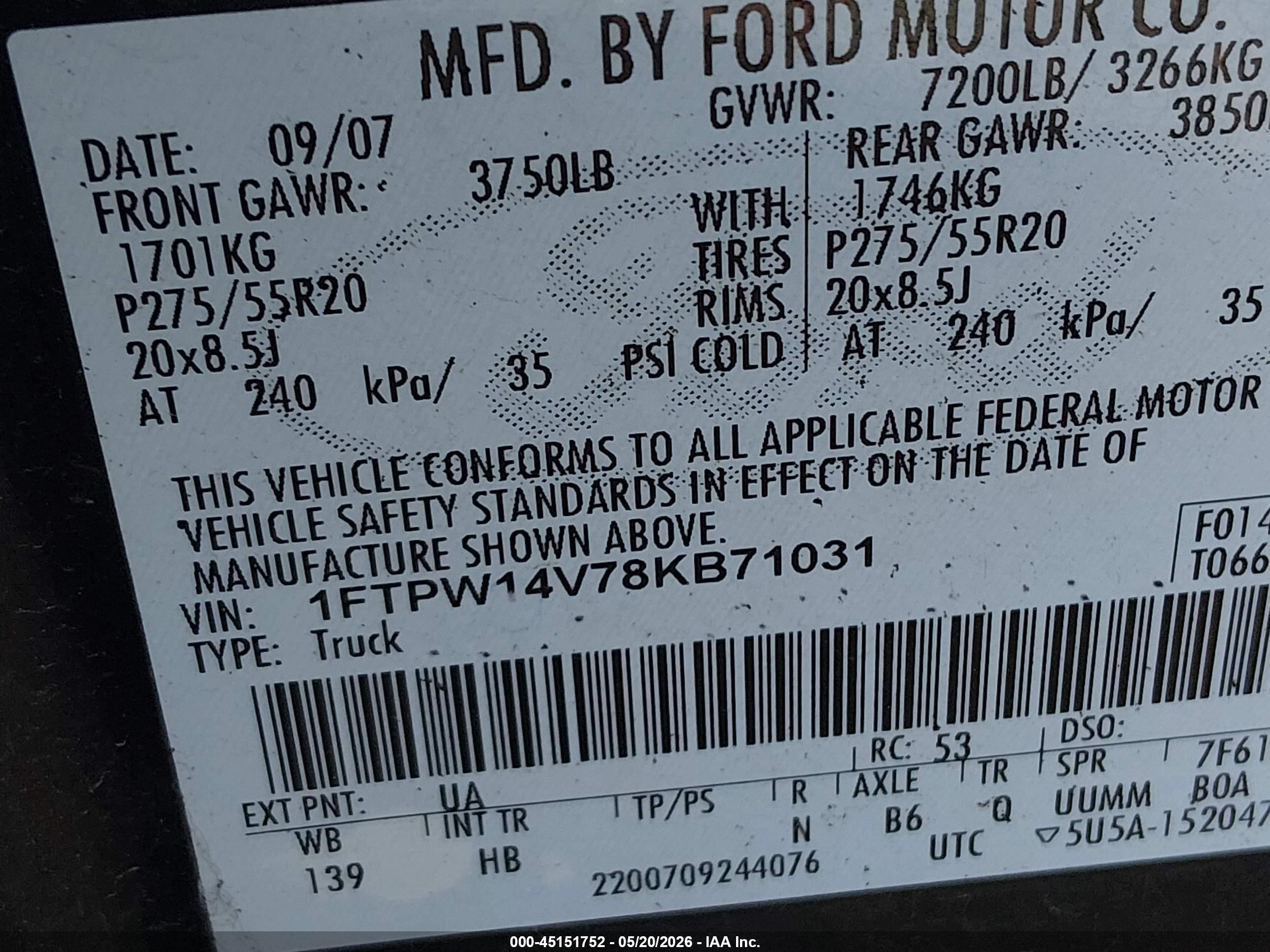 2008 Ford F-150 60th Anniversary/fx4/king Ranch/lariat/xlt Black vin: 1FTPW14V78KB71031