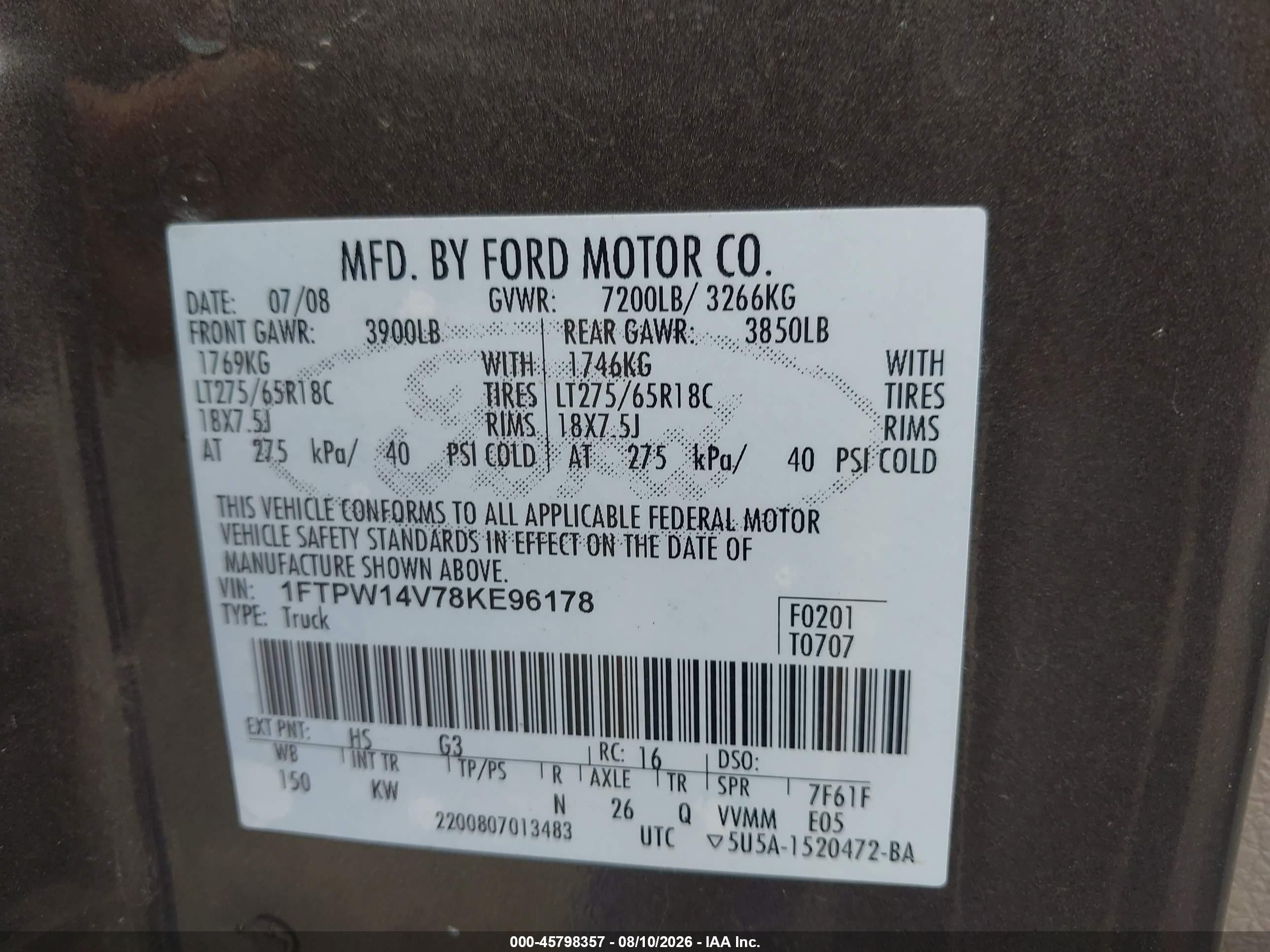 2008 Ford F-150 60th Anniversary/fx4/king Ranch/lariat/xlt Maroon vin: 1FTPW14V78KE96178