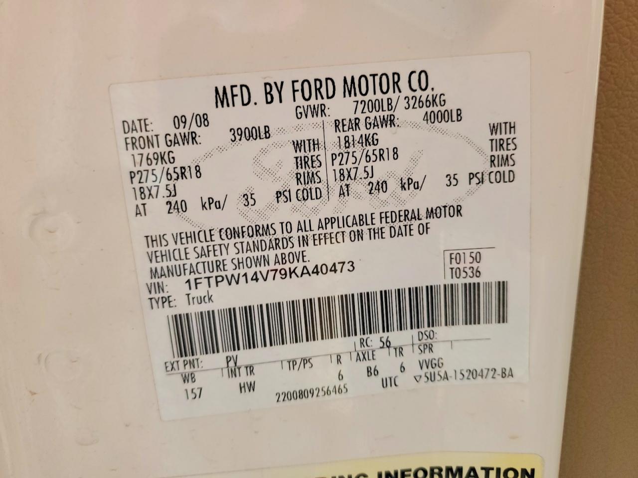 2009 Ford F150 Supercrew White vin: 1FTPW14V79KA40473
