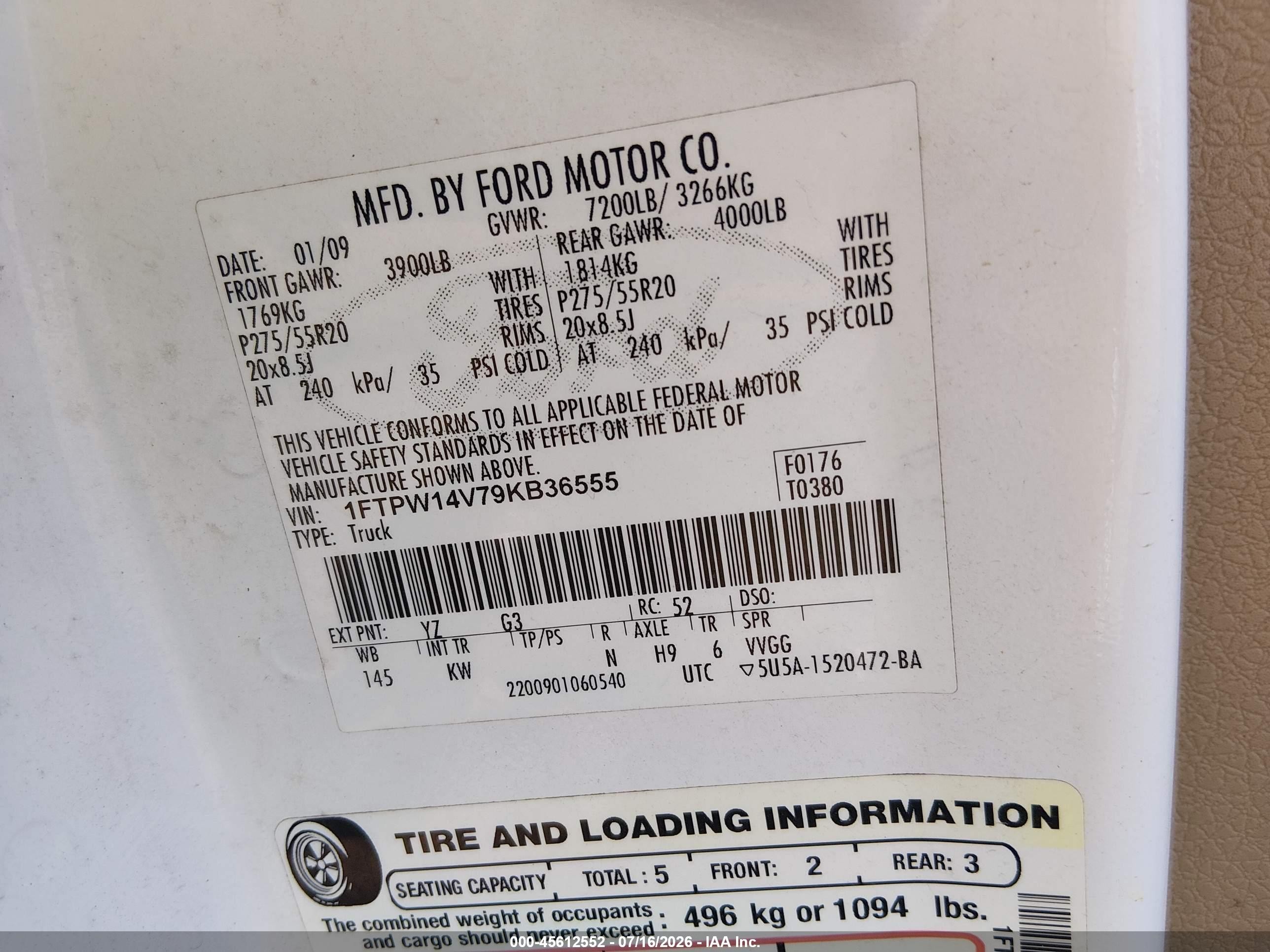 2009 Ford F-150 Fx4/king Ranch/lariat/platinum/xl/xlt White vin: 1FTPW14V79KB36555