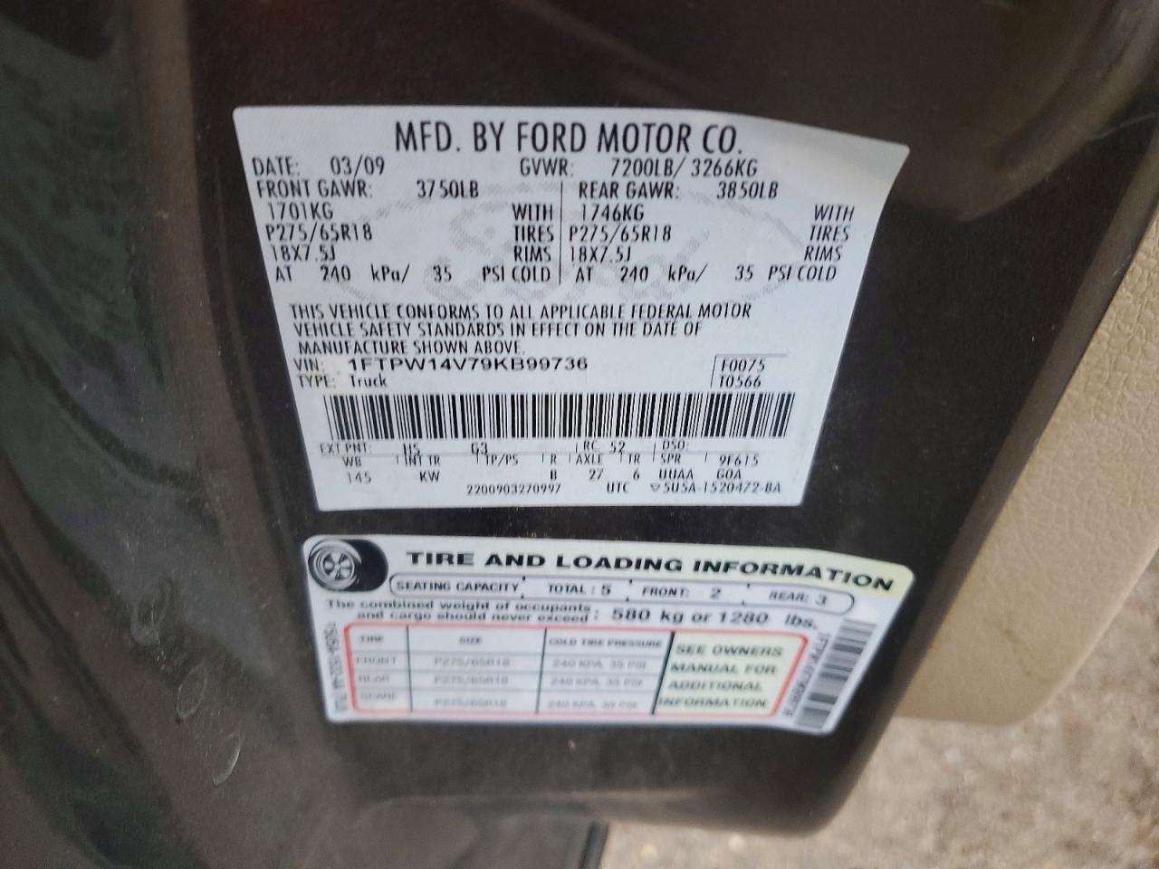 2009 Ford F150 Supercrew Green vin: 1FTPW14V79KB99736